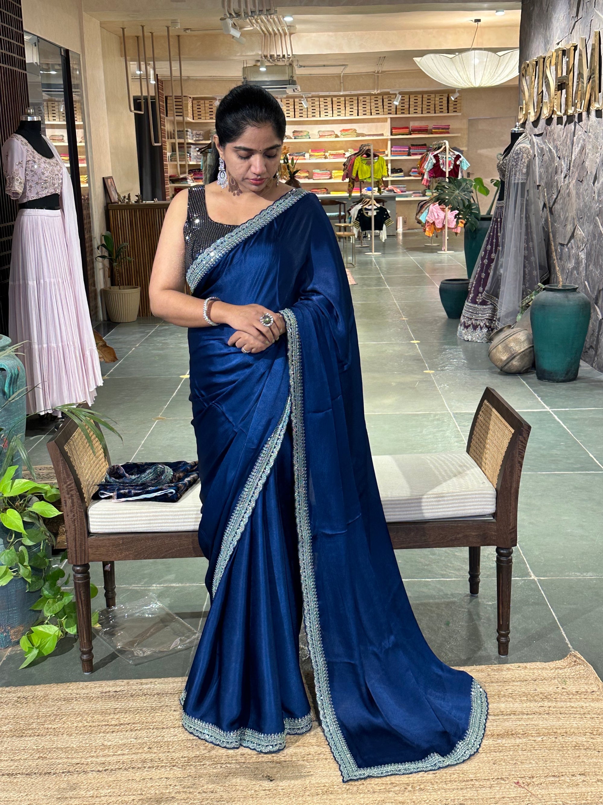 Pure Chinnon Satin Silk Saree with sabyasachi borders paired with velvet blouse