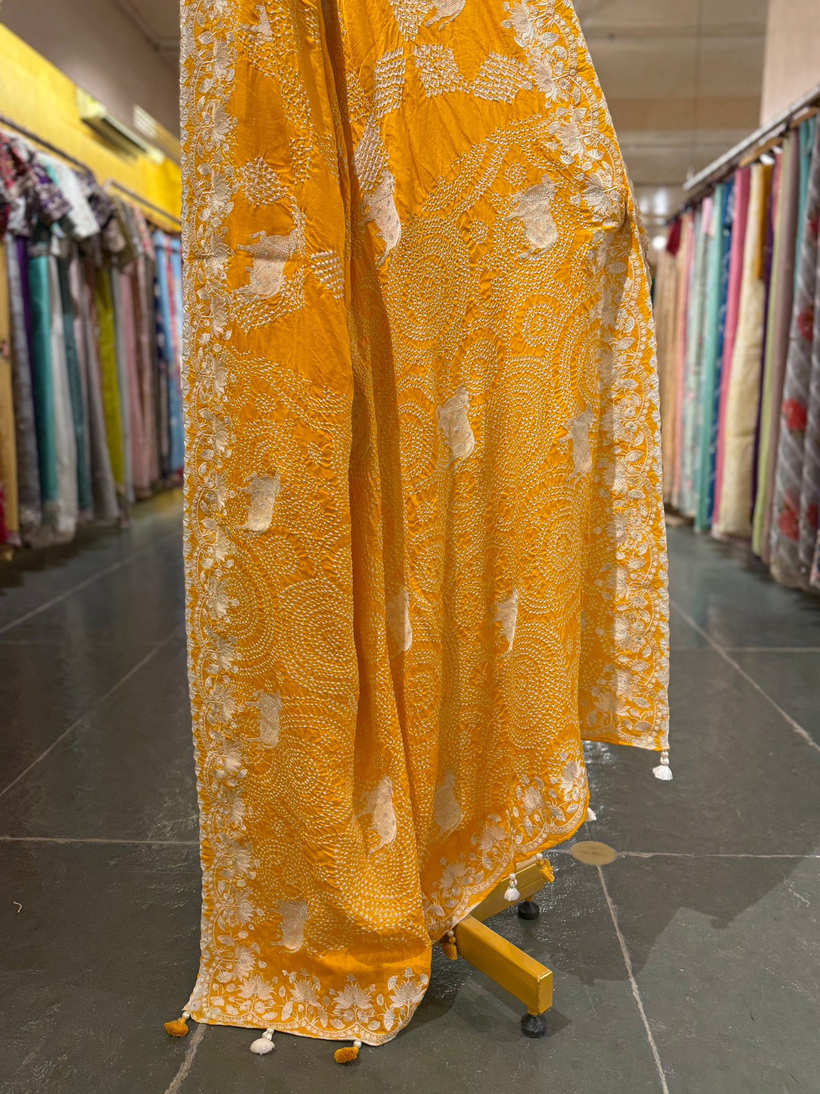Marigold Pure Gajji Silk Rai Bandhej Saree with Pichwai Embroidery