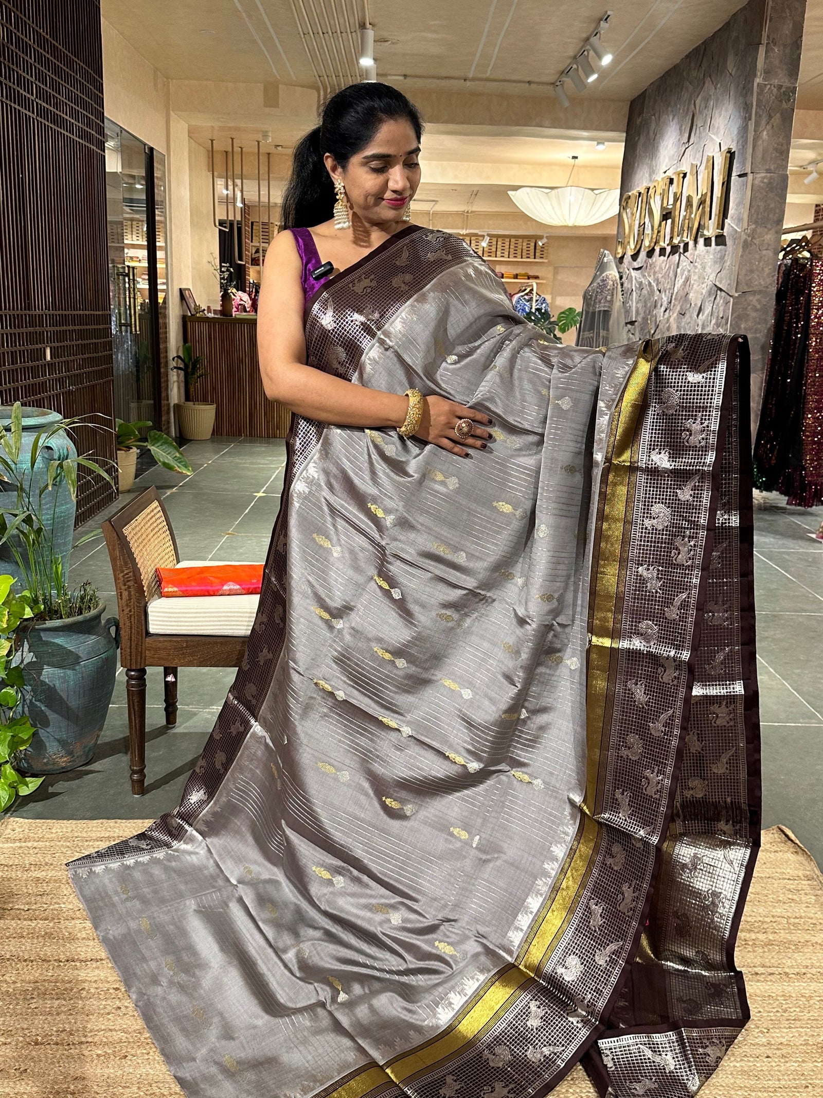 Grey and Coffee Brown Combo Venkatagiri Handloom Pure Silk Saree