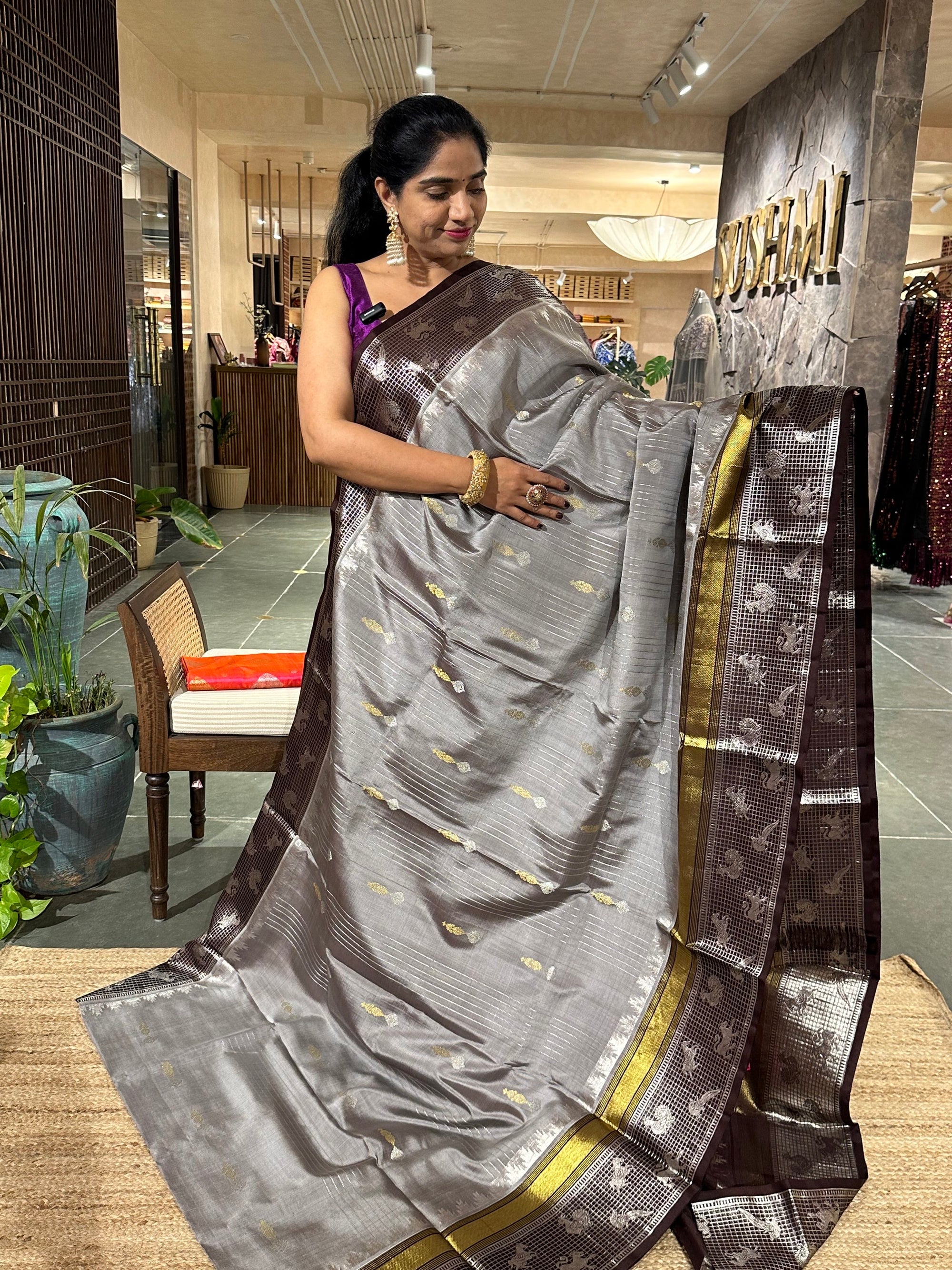Grey and Coffee Brown Combo Venkatagiri Handloom Pure Silk Saree