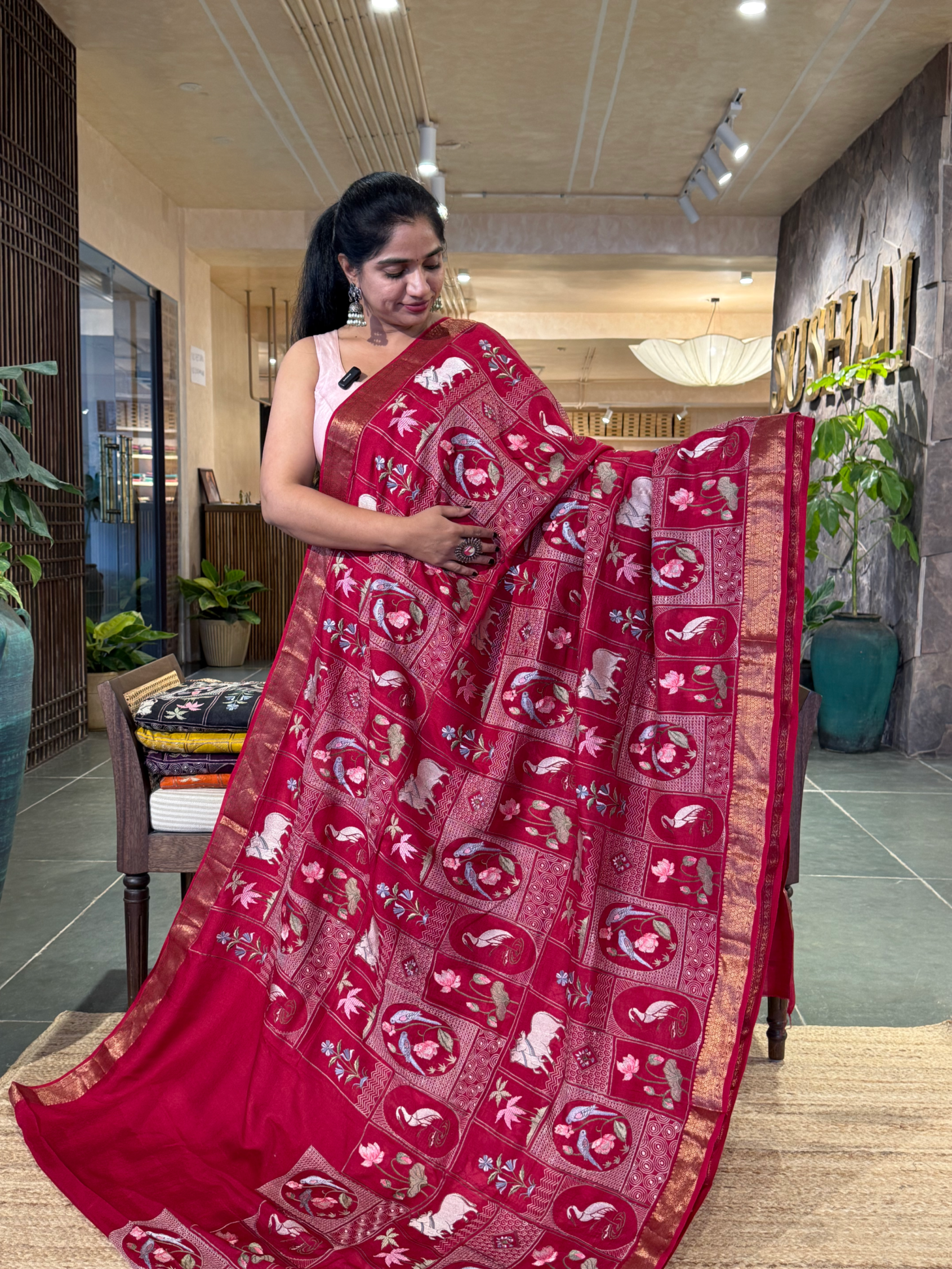SMSEA108  Ruby Pink Pure Handloom Munga Silk Saree with Pichwai Embroidery