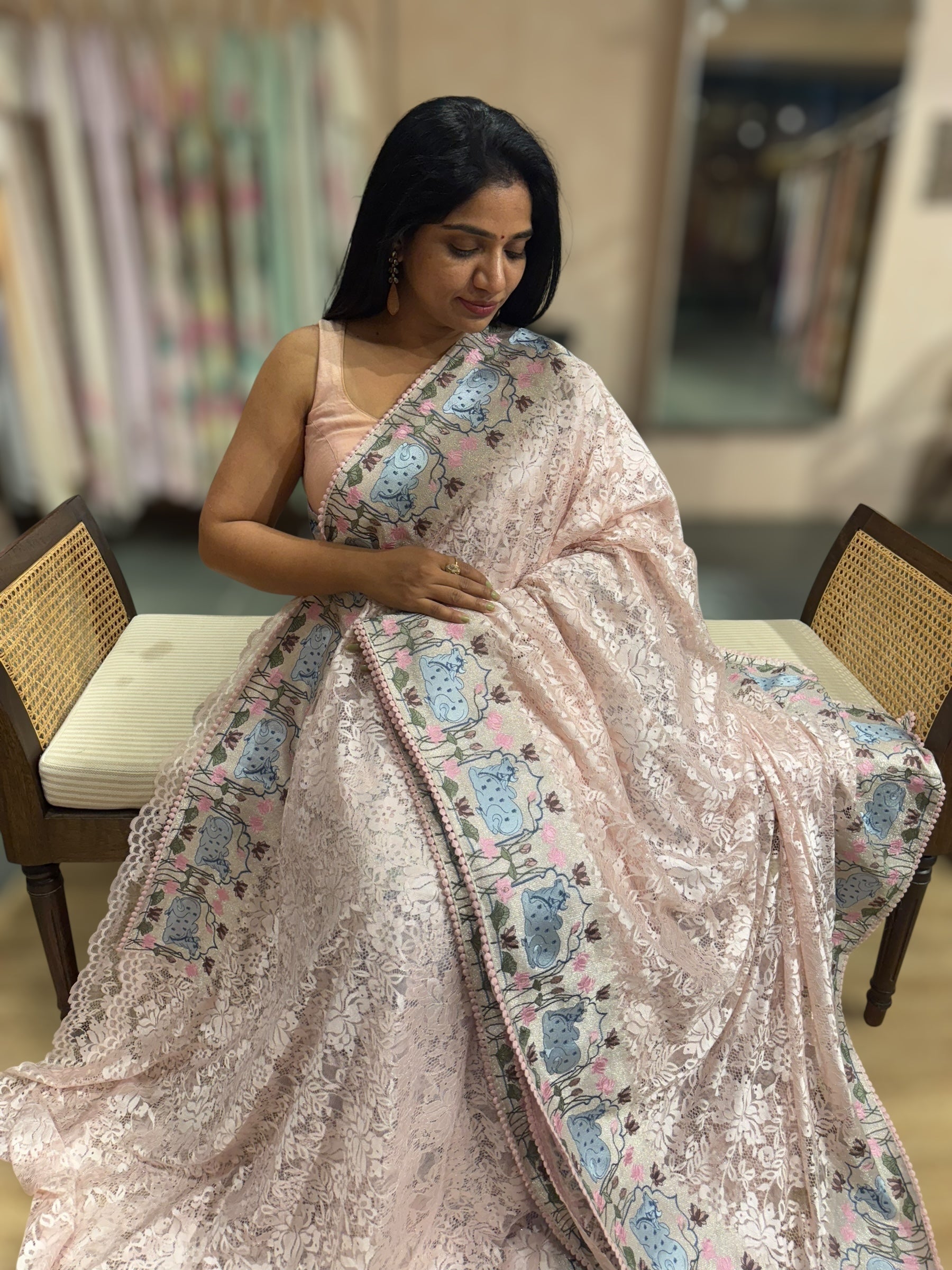 Pastel Pink Chantilly Lace Saree With Tissue Nandi  Embroidered Border