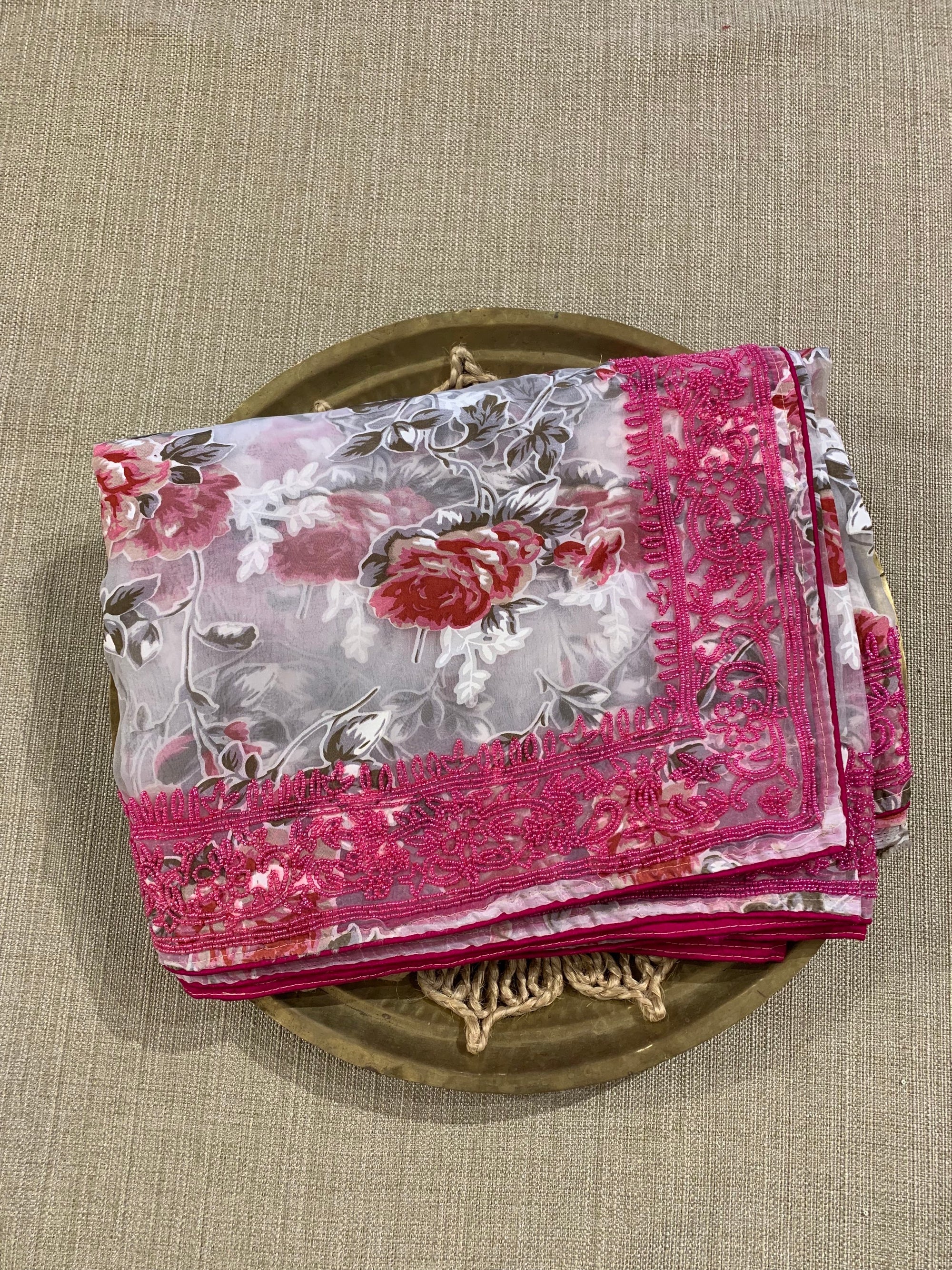 Glass Organza Floral printed Saree with heavy beadwork border and blouse