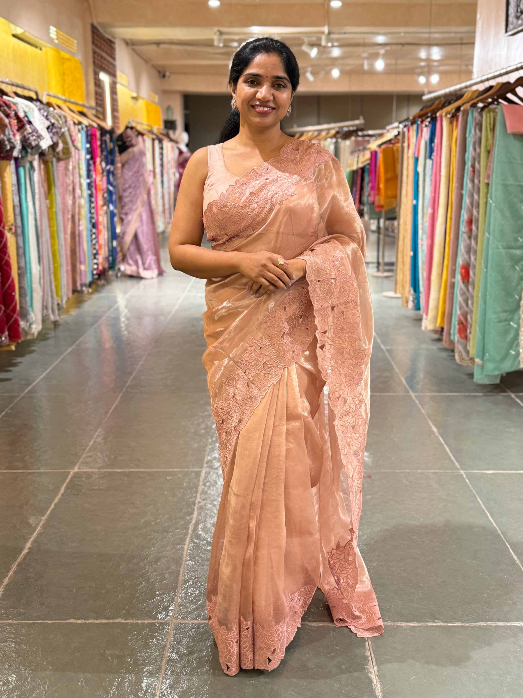 Nude Pink Pure Handloom Tissue Saree With Rose Cutwork Borders