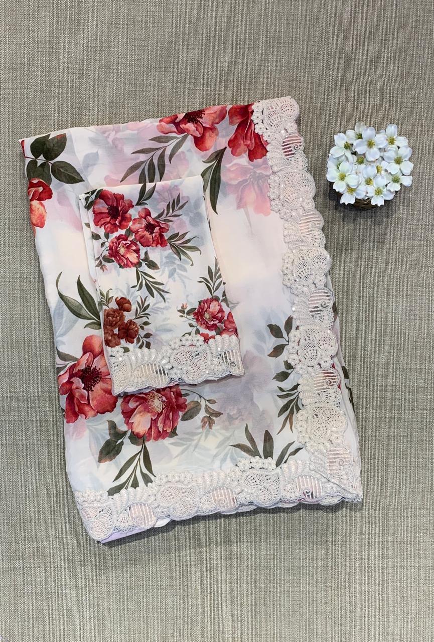 Crepe Silk Gorgette Floral Printed Saree with Cutwork Border