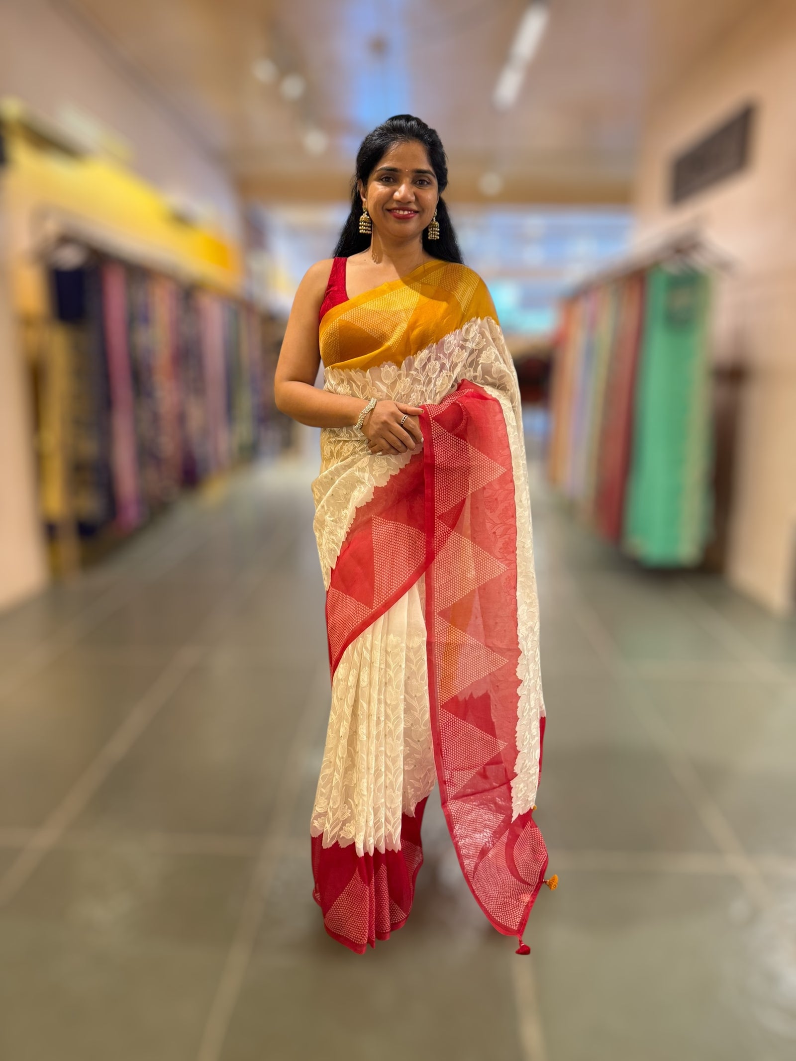 Organza Chikankari Embroidery Saree With Ganga Jamuna Bandhini Temple Borders