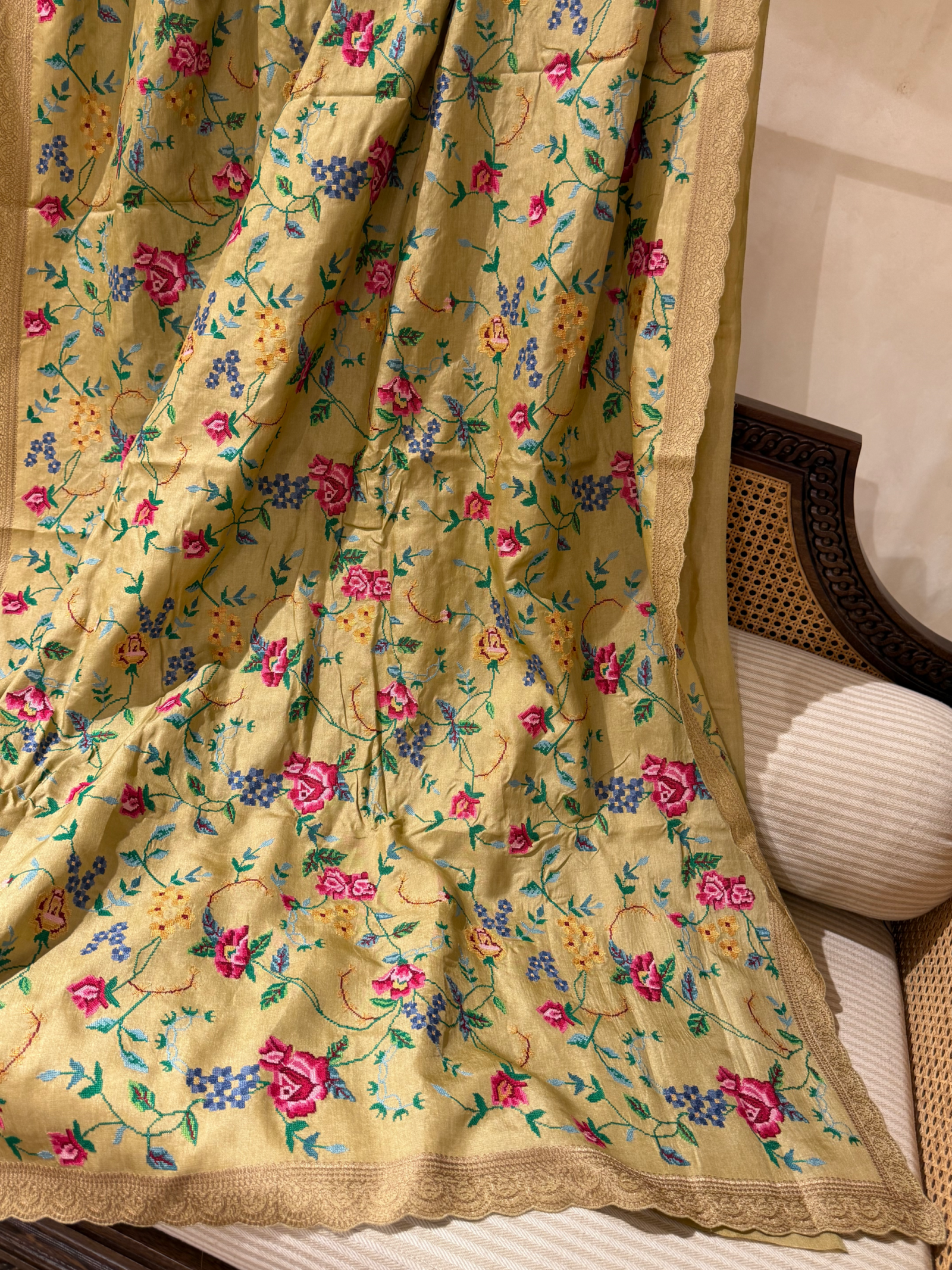 STPPA204 : Khakhi Pure Tussar Saree With Allover Petite Point Embroidery