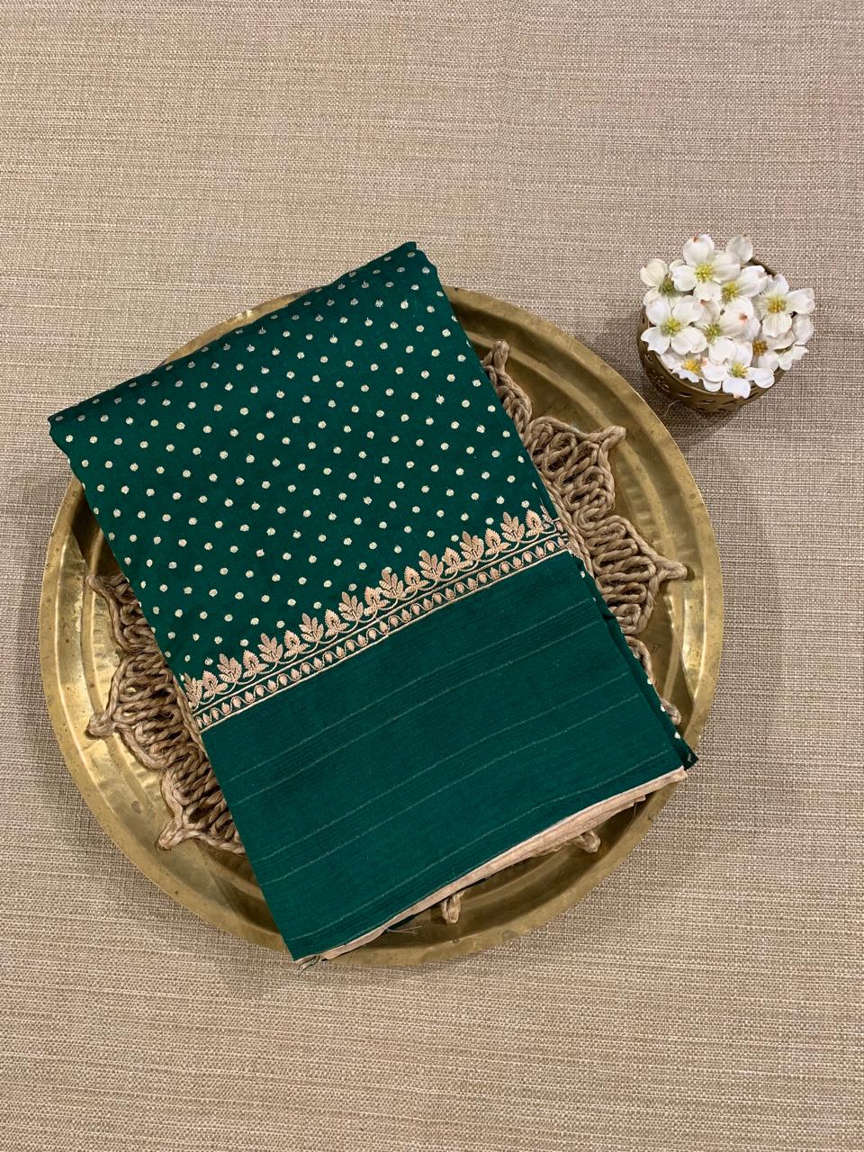 Bottle Green Chiniya Silk Saree with Embroidery Border & Applique Creeper Pallu