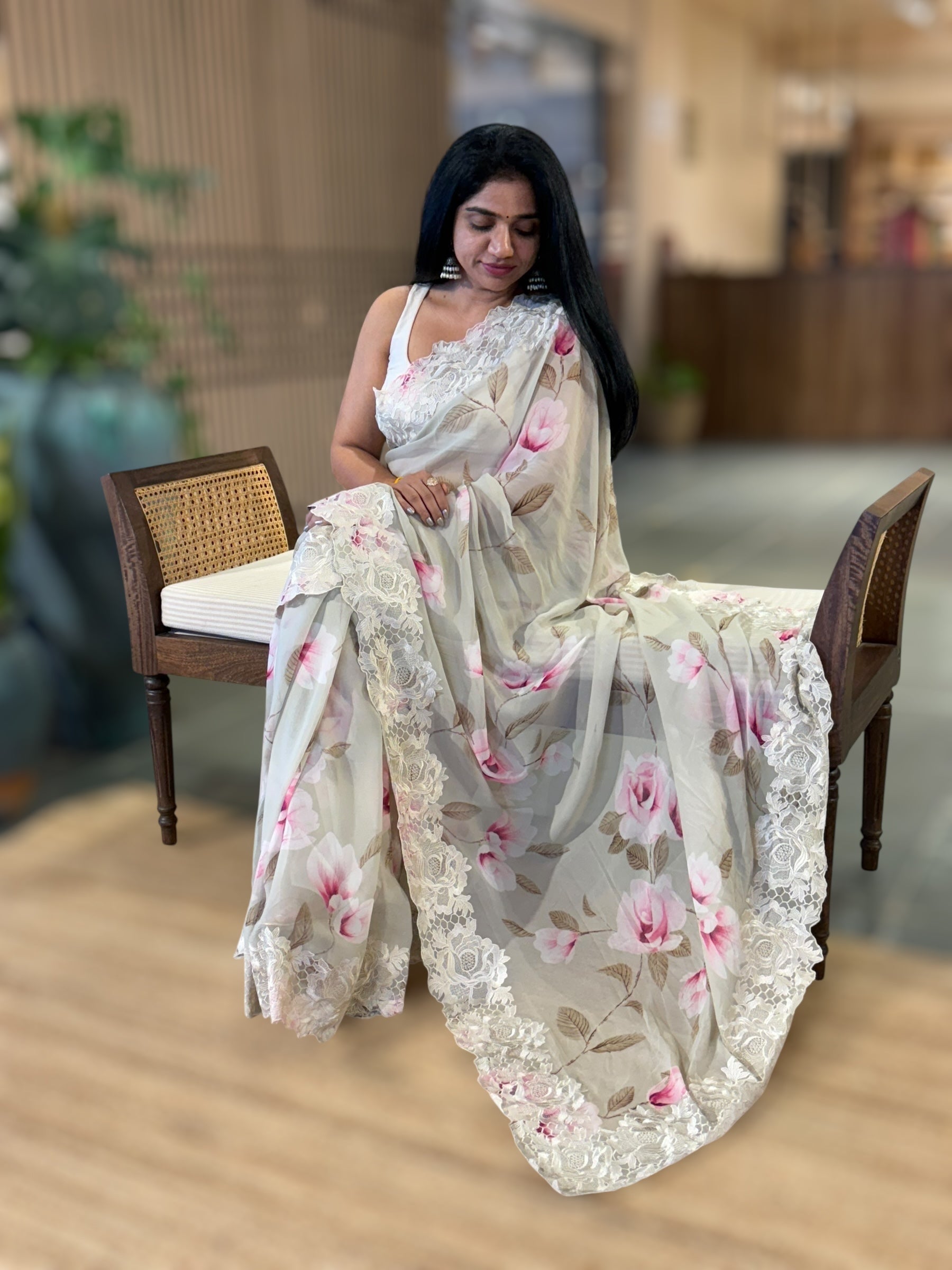 Pure Gorgette Saree With Chatilly Lace style Cutwork embroidered Border