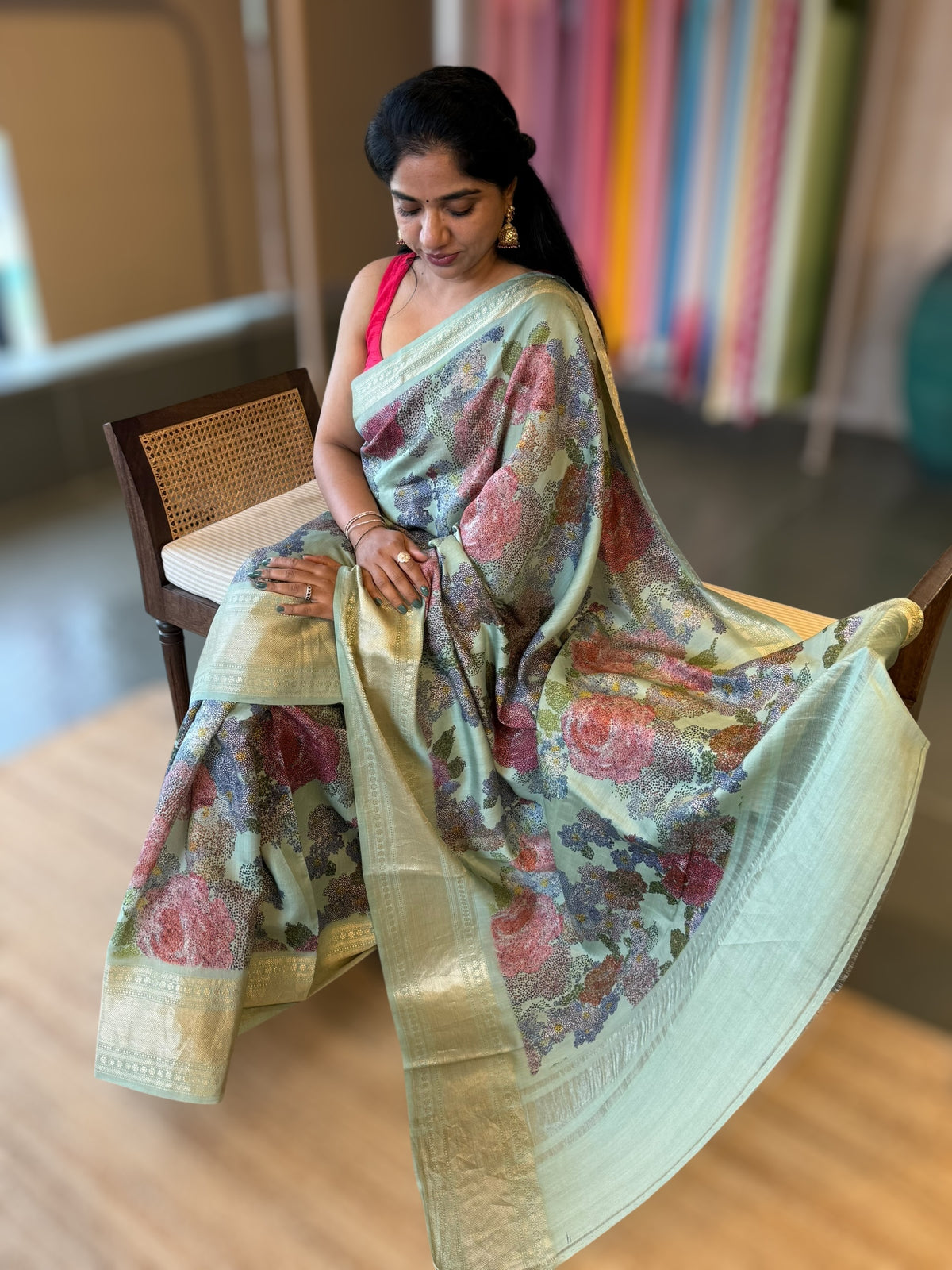 Pista Chiniya Silk Saree With Petite Point  Emb Style Print