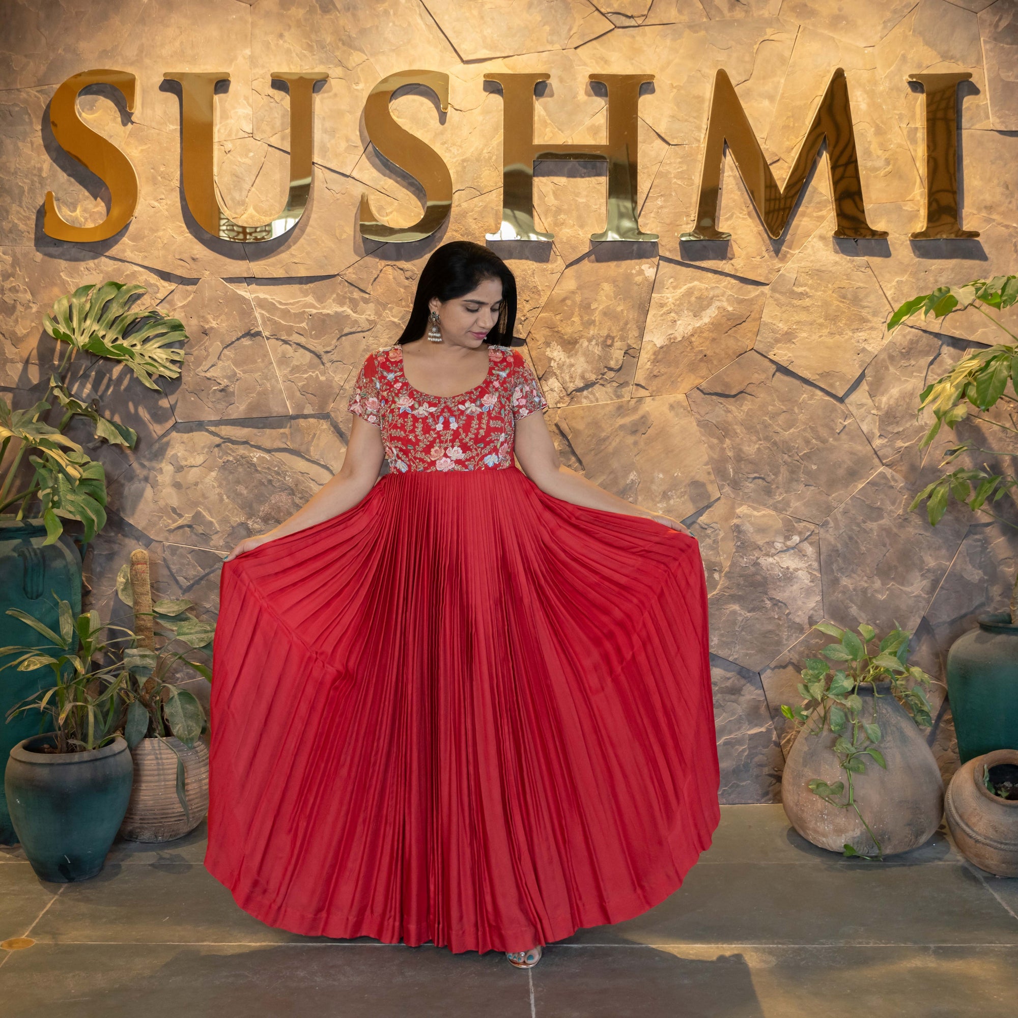 Red Modal Satin Silk Long Frock with heavy handwork yoke