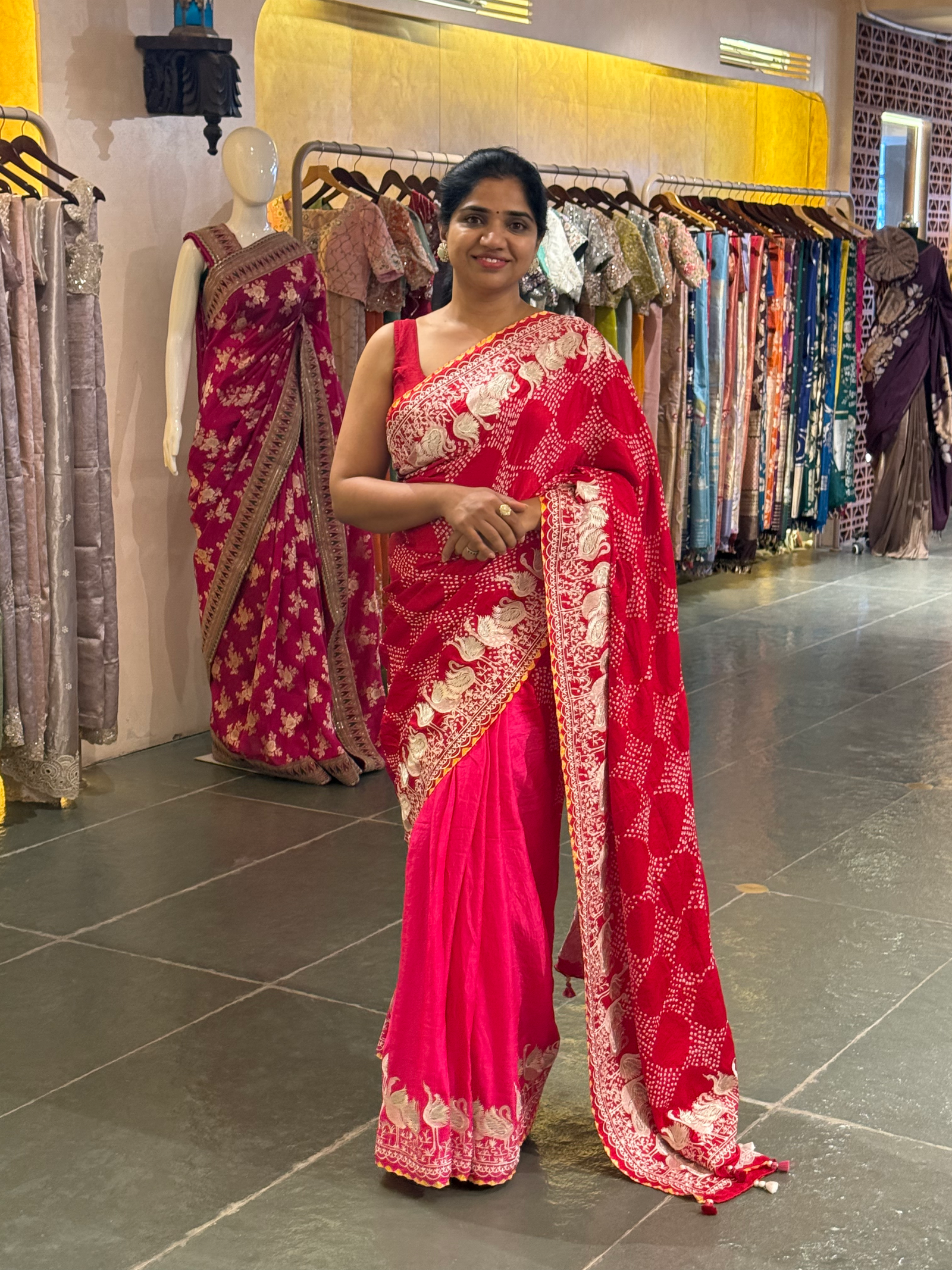 Pure Gajji Silk Rai Bandhej Saree in half and half style with Swan embroidery