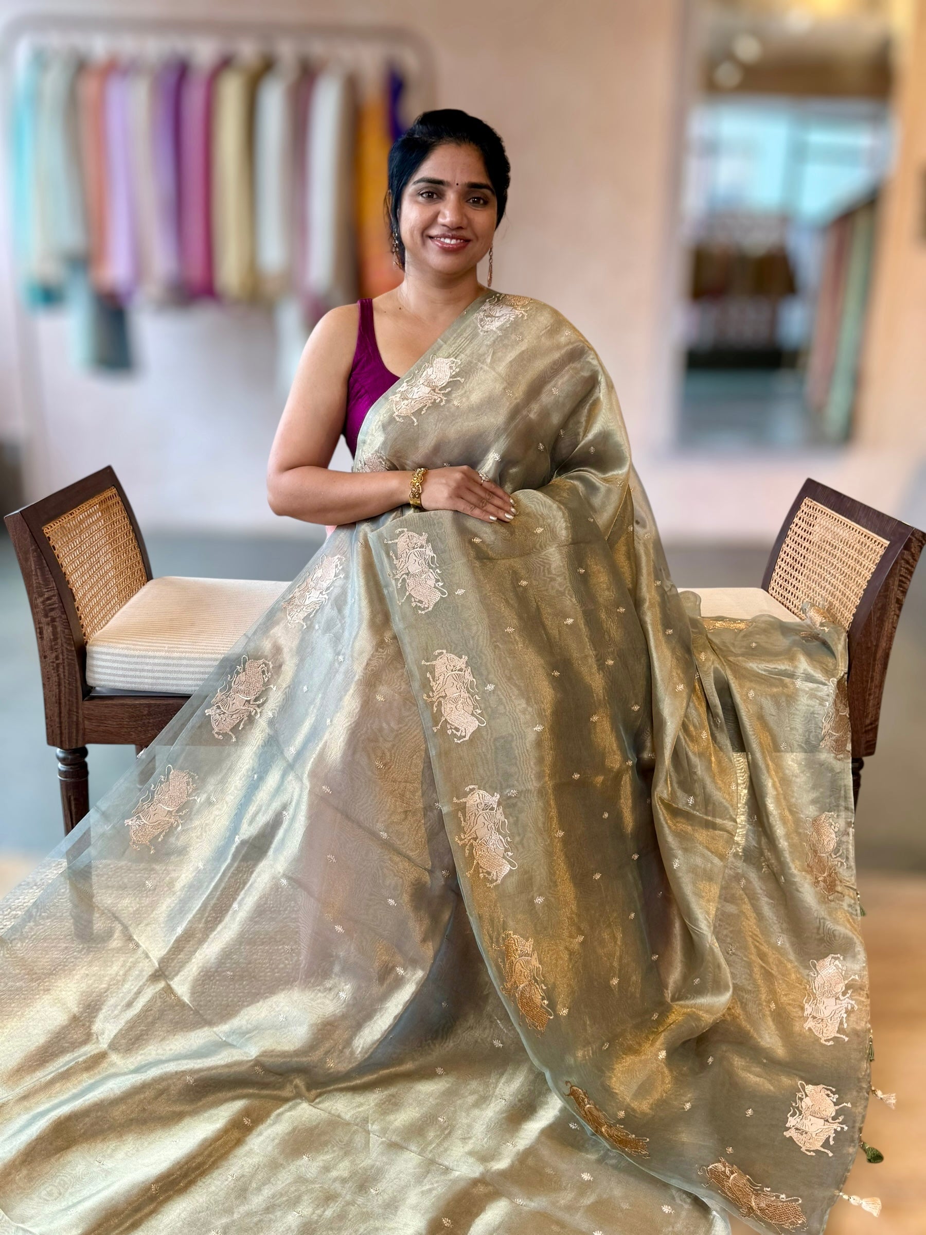 SageGreen Handloom Tissue Saree wth Nandi Embroidered Border & Stripes Tissue BP