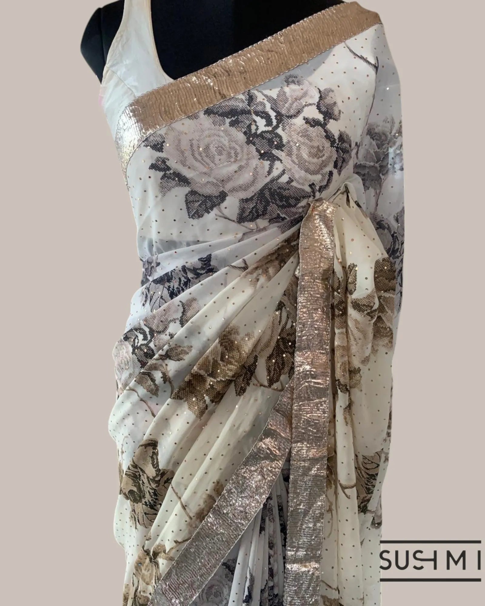 Shaded Gorgette Floral Printed Saree with allover sequence & hemlined gota lace