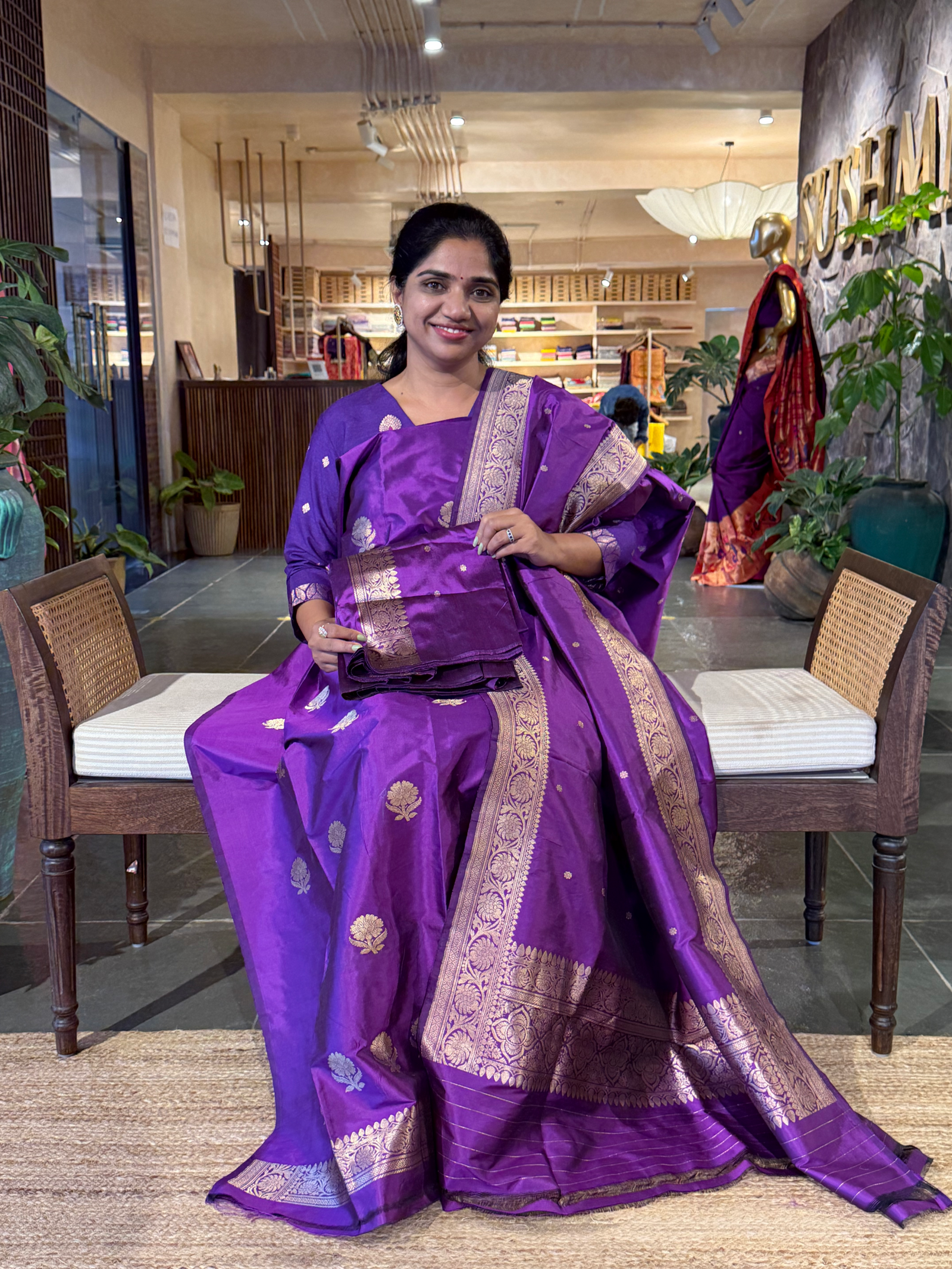 Purple Pute Handloom Katan Silk  3 pc Suit Set with  kaduwa weaving