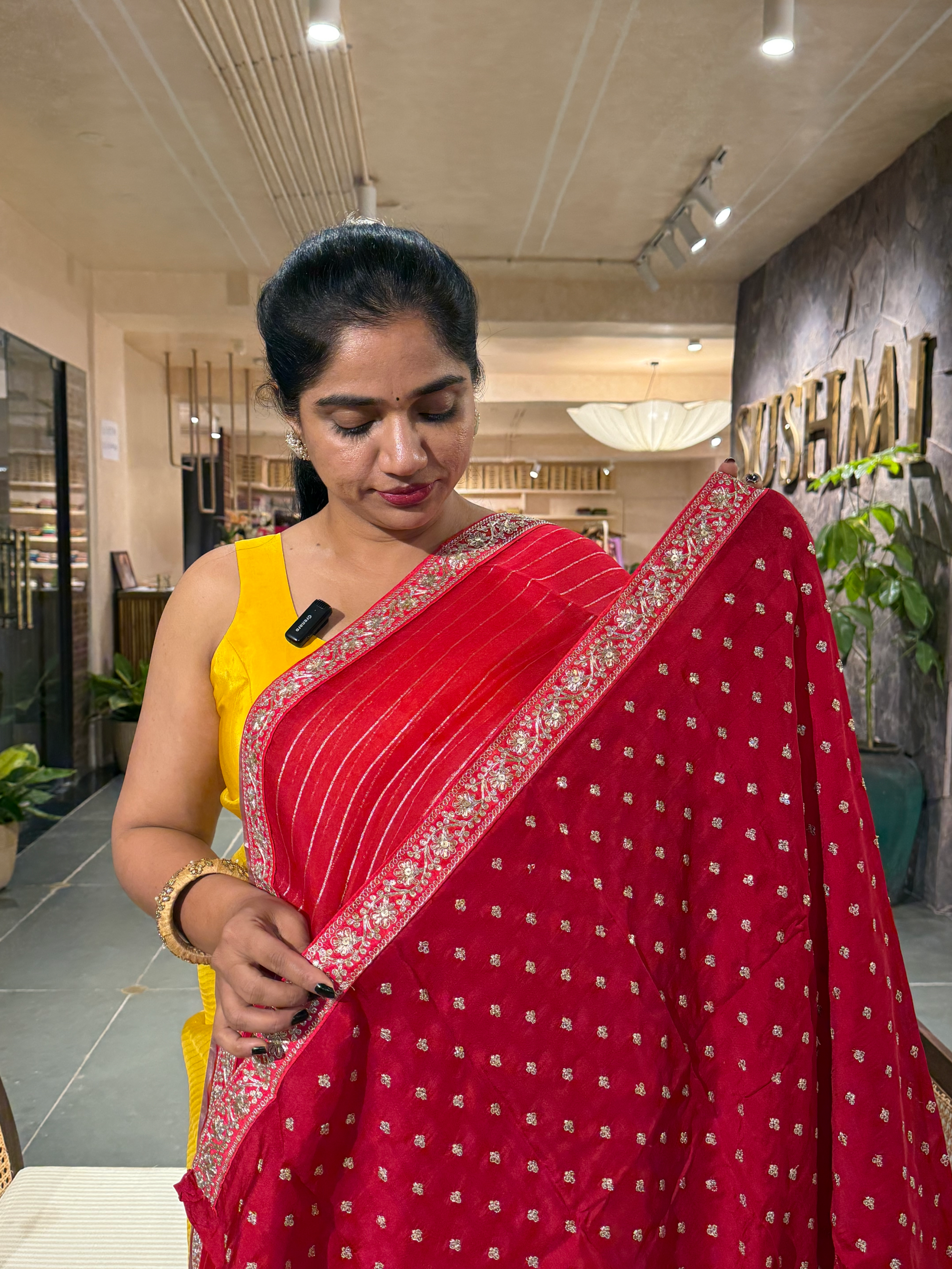 SOSSM2903 Red Organza Saree hemlined with Sabhyasachi Borders