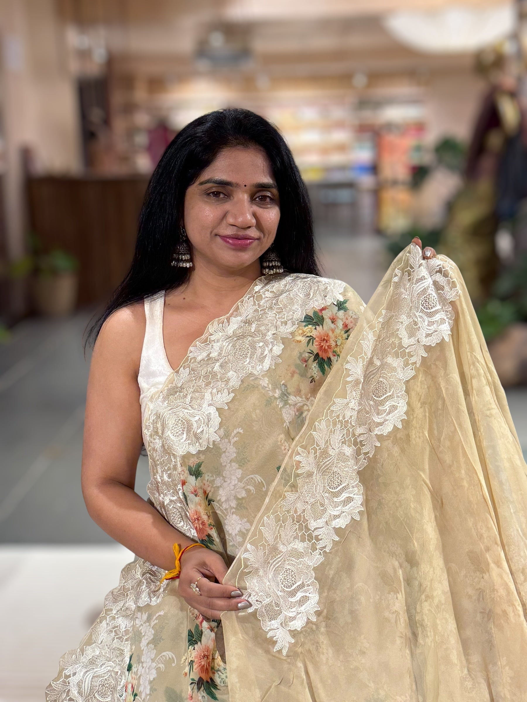 Wheat Gorgette Printed Saree With Chatilly Lace Style Cutwork embroidered Border