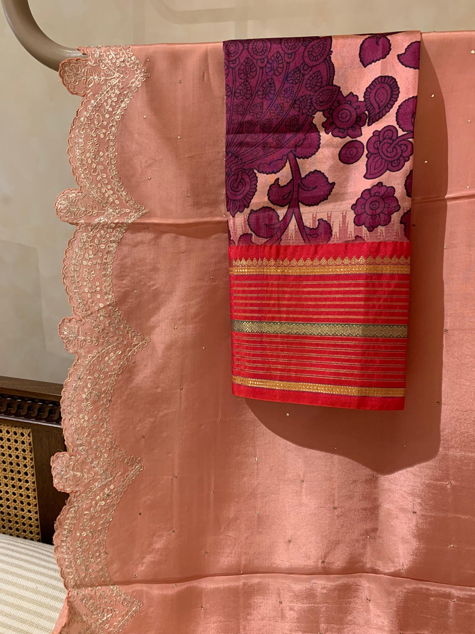 Peach Pink Crepe Silk Saree With Pita Work Scallop Border