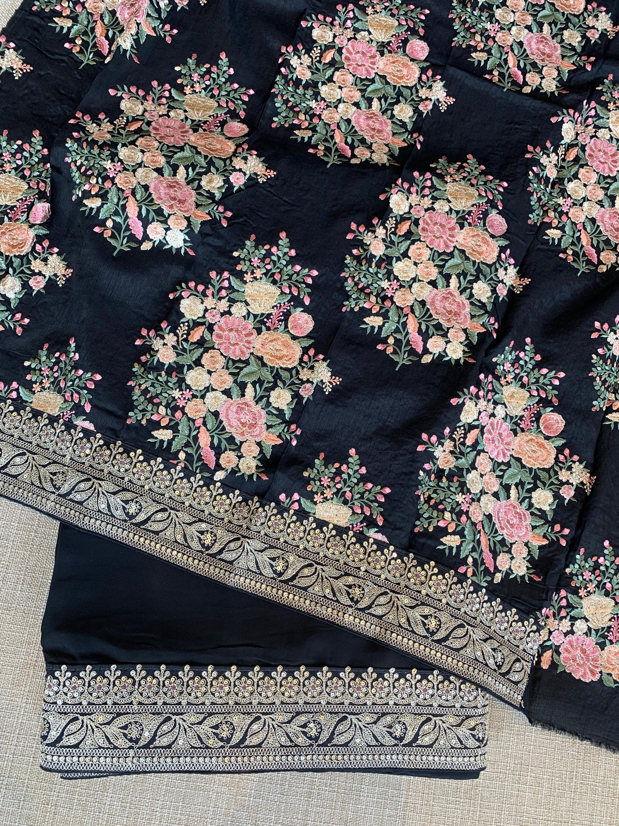 Black Pure Satin Silk Saree With Sabhya Borders & Allover Emb Blouse
