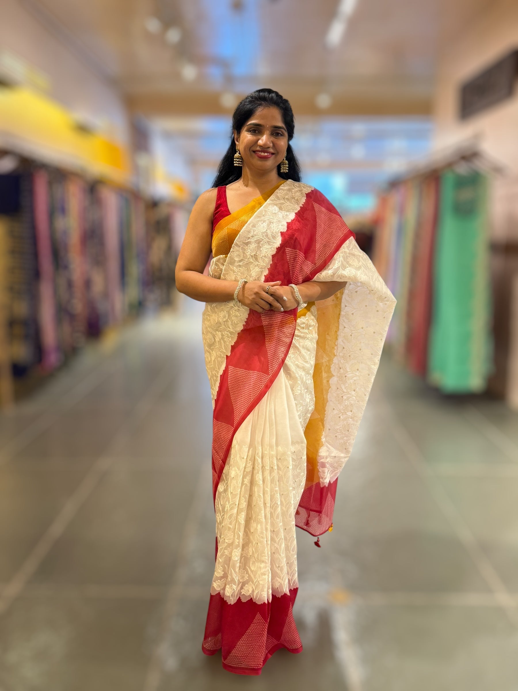 Organza Chikankari Embroidery Saree With Ganga Jamuna Bandhini Temple Borders