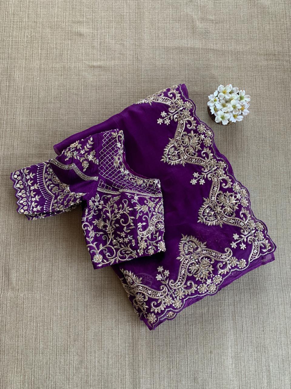 Purple Organza Heavy Handwork Saree