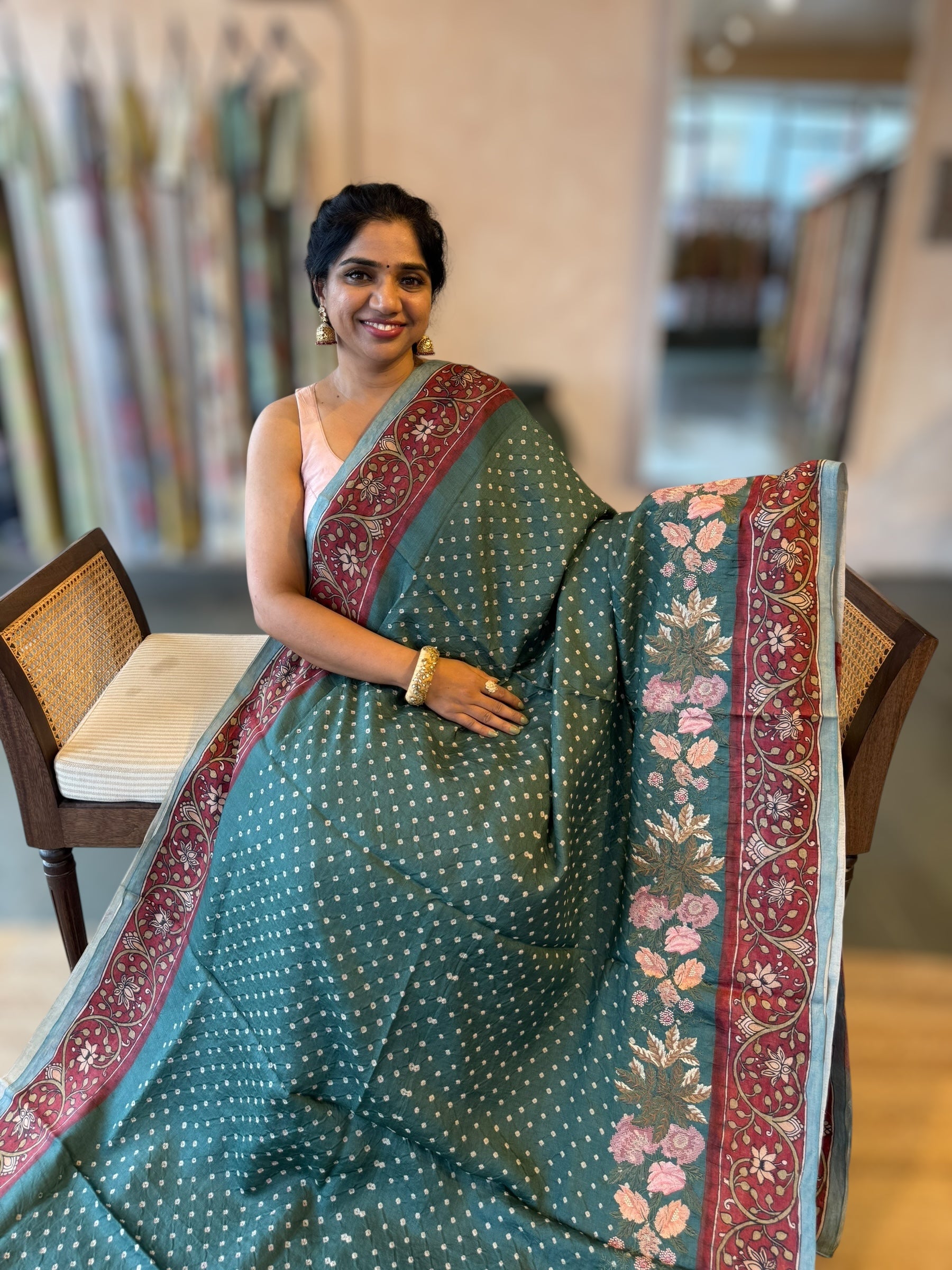 Bandhini Saree With Pen kalamkari Border & Petite Point Emb Blouse