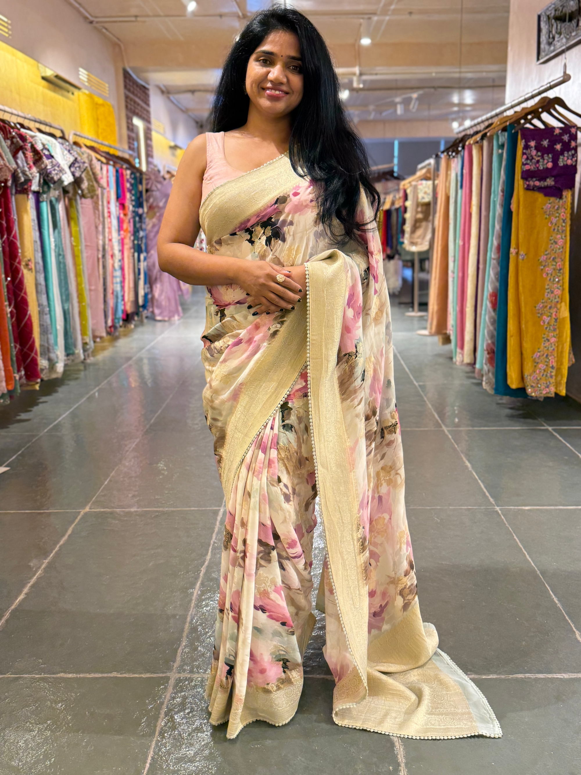 Banarasi Khaddi Gorgette Sarees with Floral Prints hemlined with crotia lace