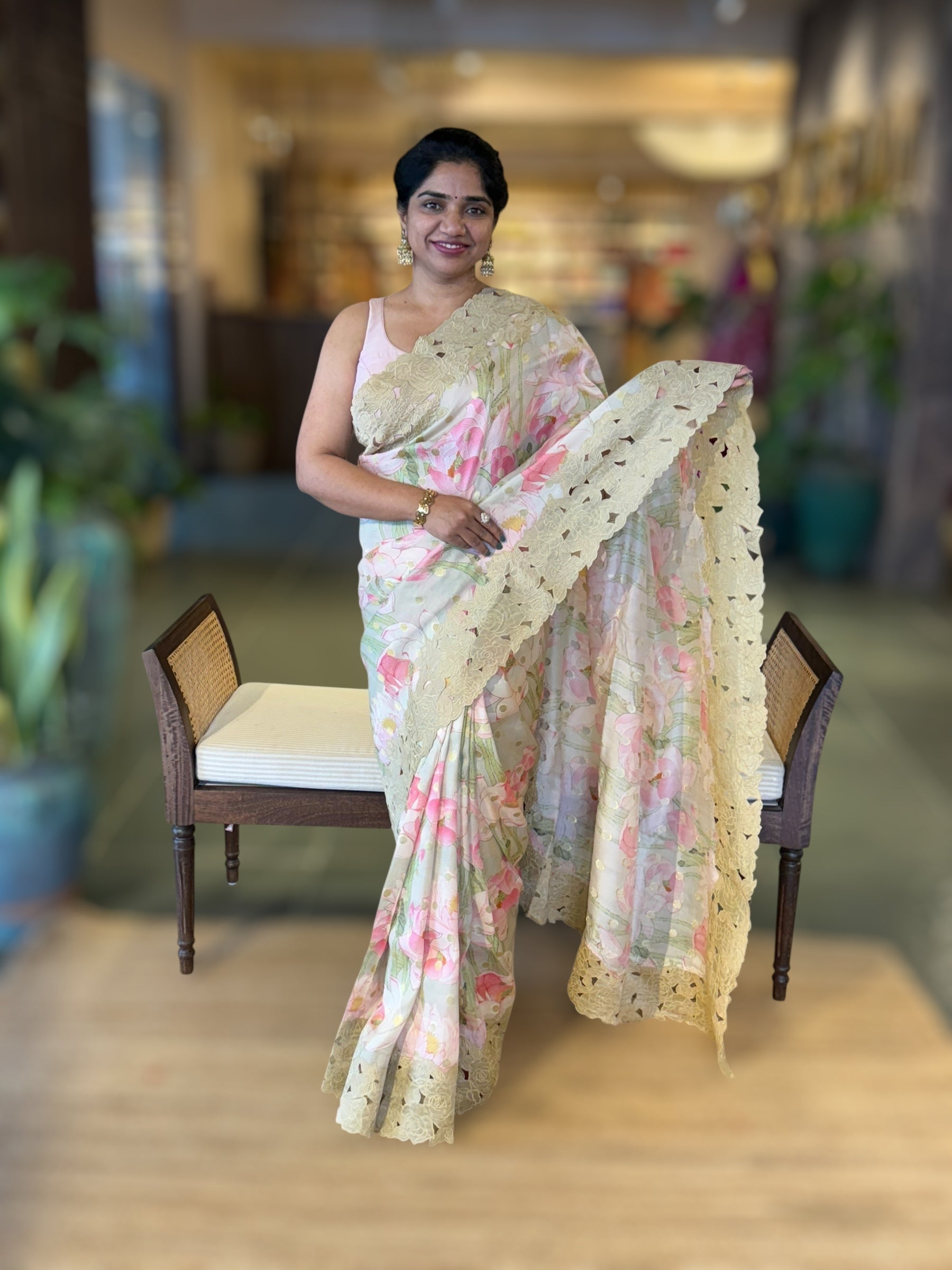 DustyTone Banarasi Printed Tussar Khaddi Gorgette Wth Tissue cutwork Rose Border