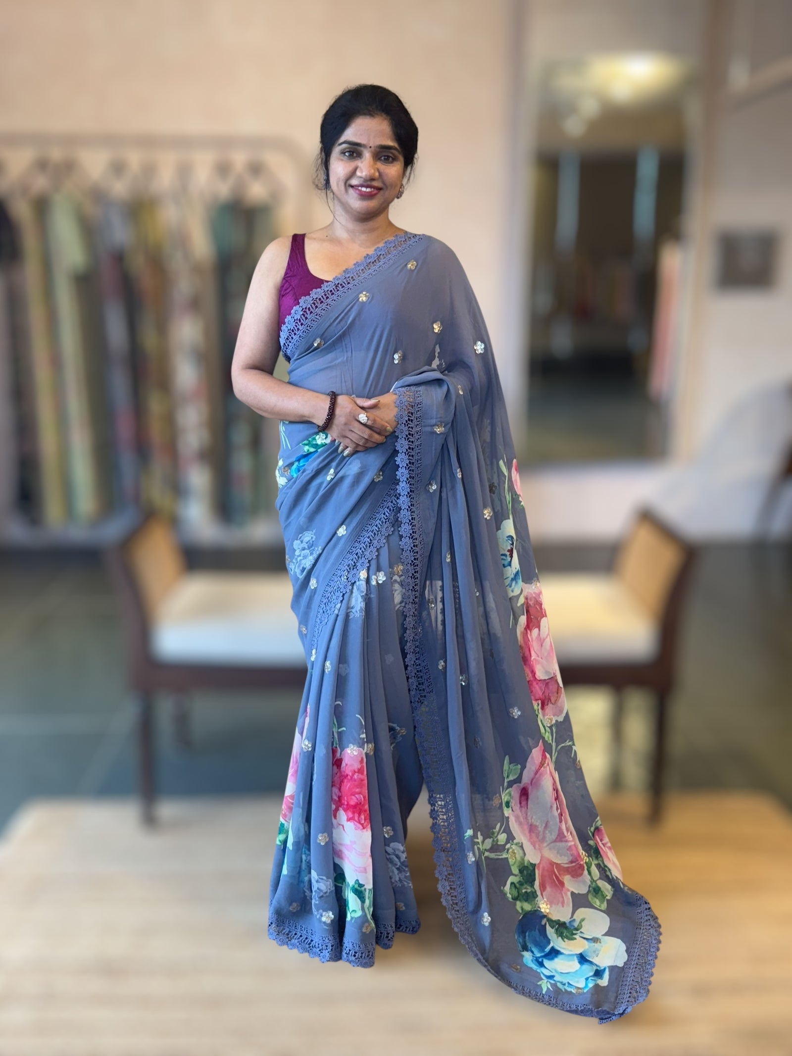 Greyish Blue Floral Gorgette Saree with Allover Sequence Floral