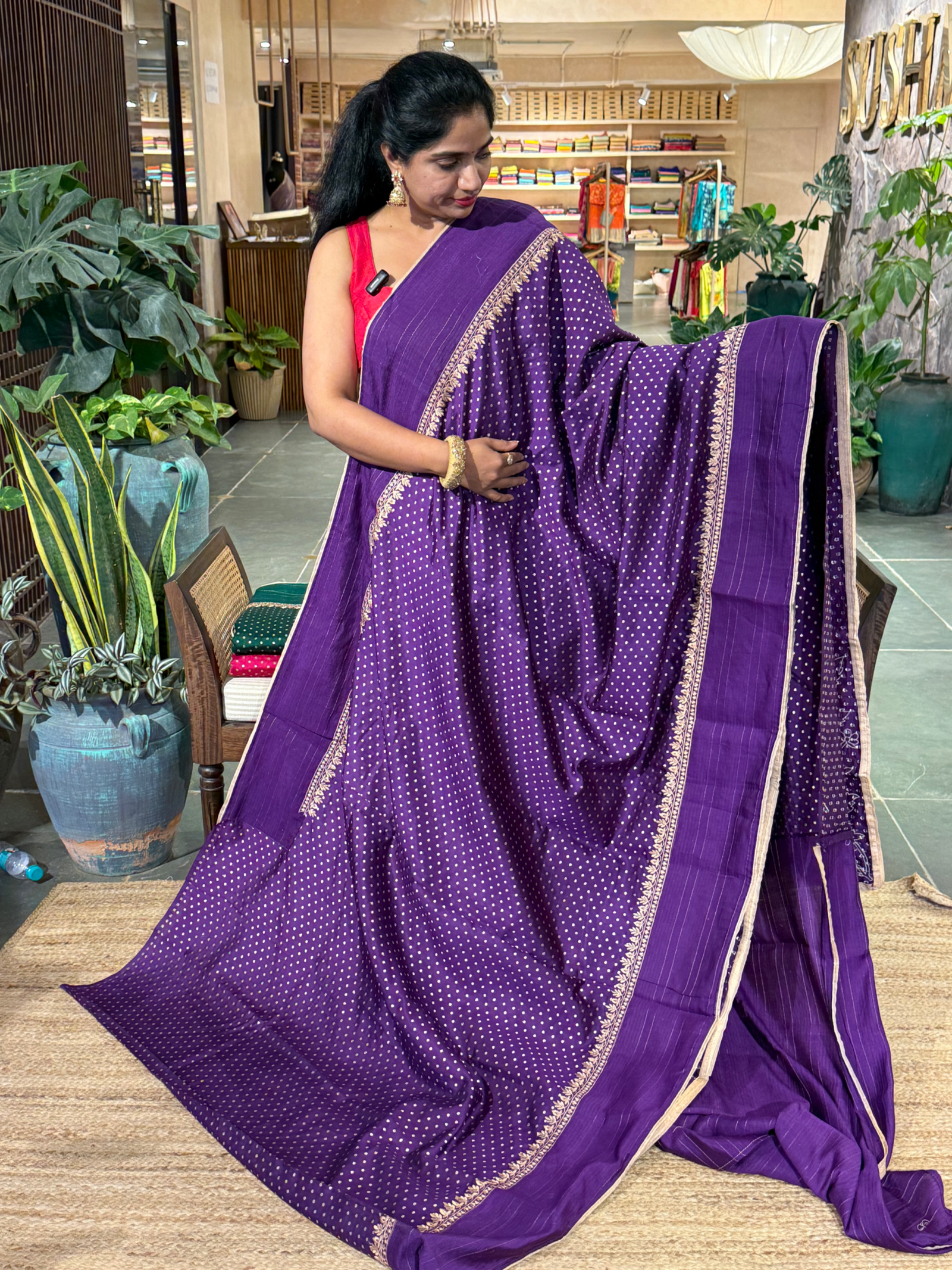 Brinjal Chiniya Silk Saree with Embroidery Border & Applique Creeper Pallu