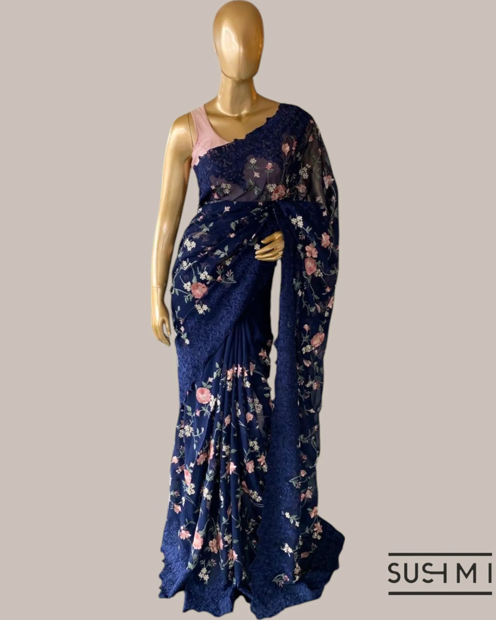 Midnight Blue Pure Gorgette Saree With Petite Point Style Allover Embroidery   O