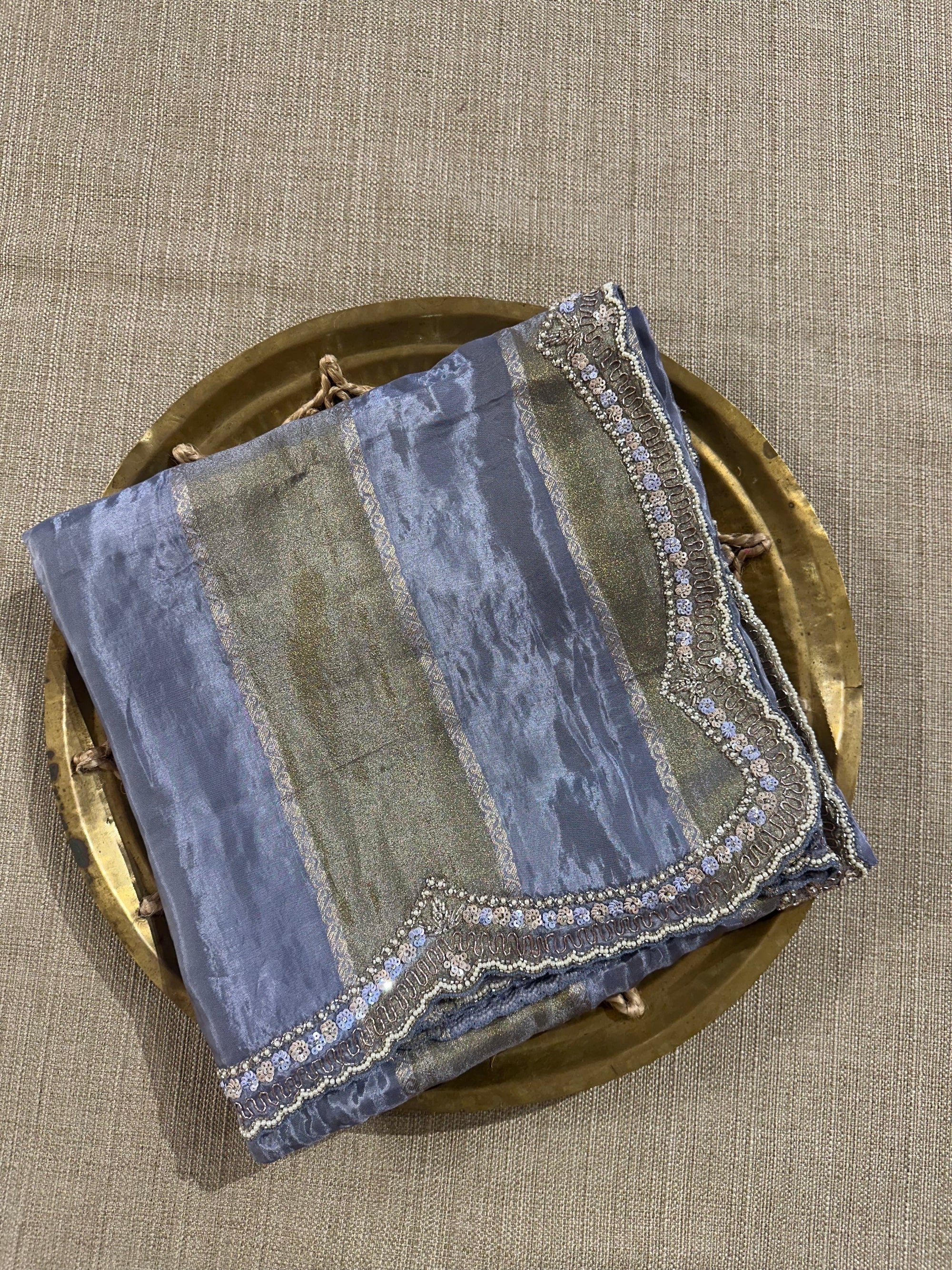 Slate Blue Tissue and kora brasso Saree with Scalloped handwork borders & blouse