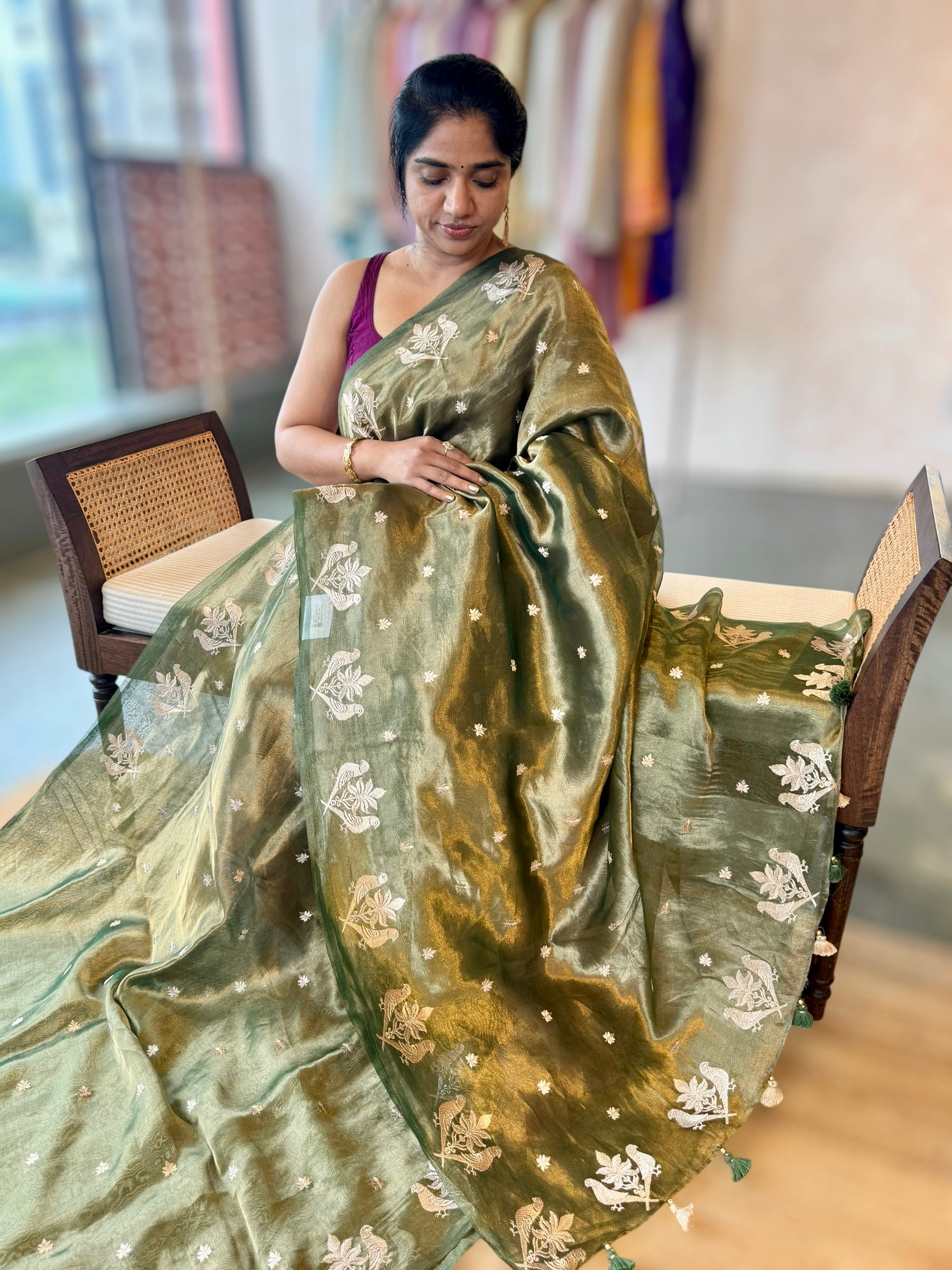 Green Handloom Tissue Saree wth bird Embroidered Border & Stripes Tissue BP