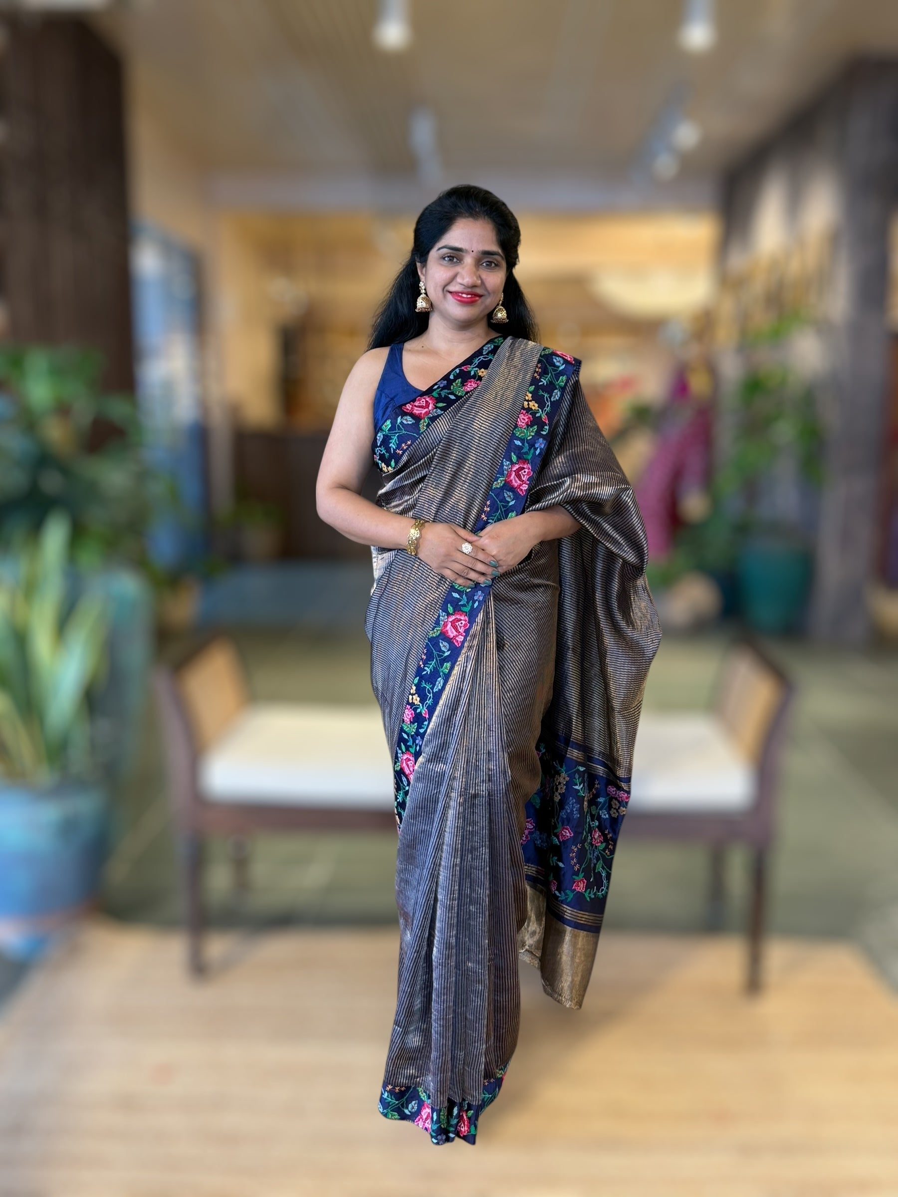 Navy Tissue Stripes Saree wth Petite Point Embroidered Border Pallu & BP