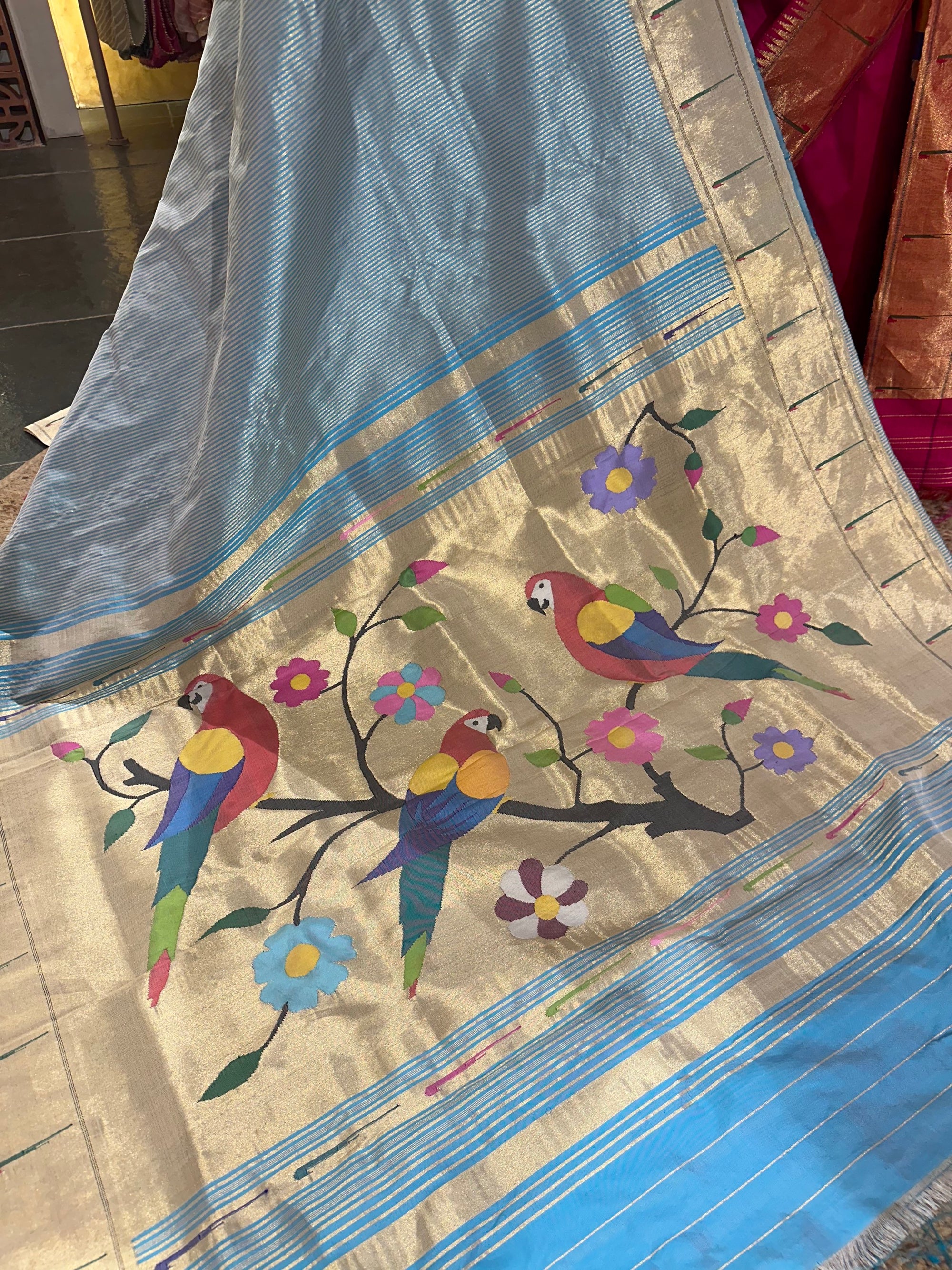 Light Blue single Muniya Pure Paithani saree withallover stripes