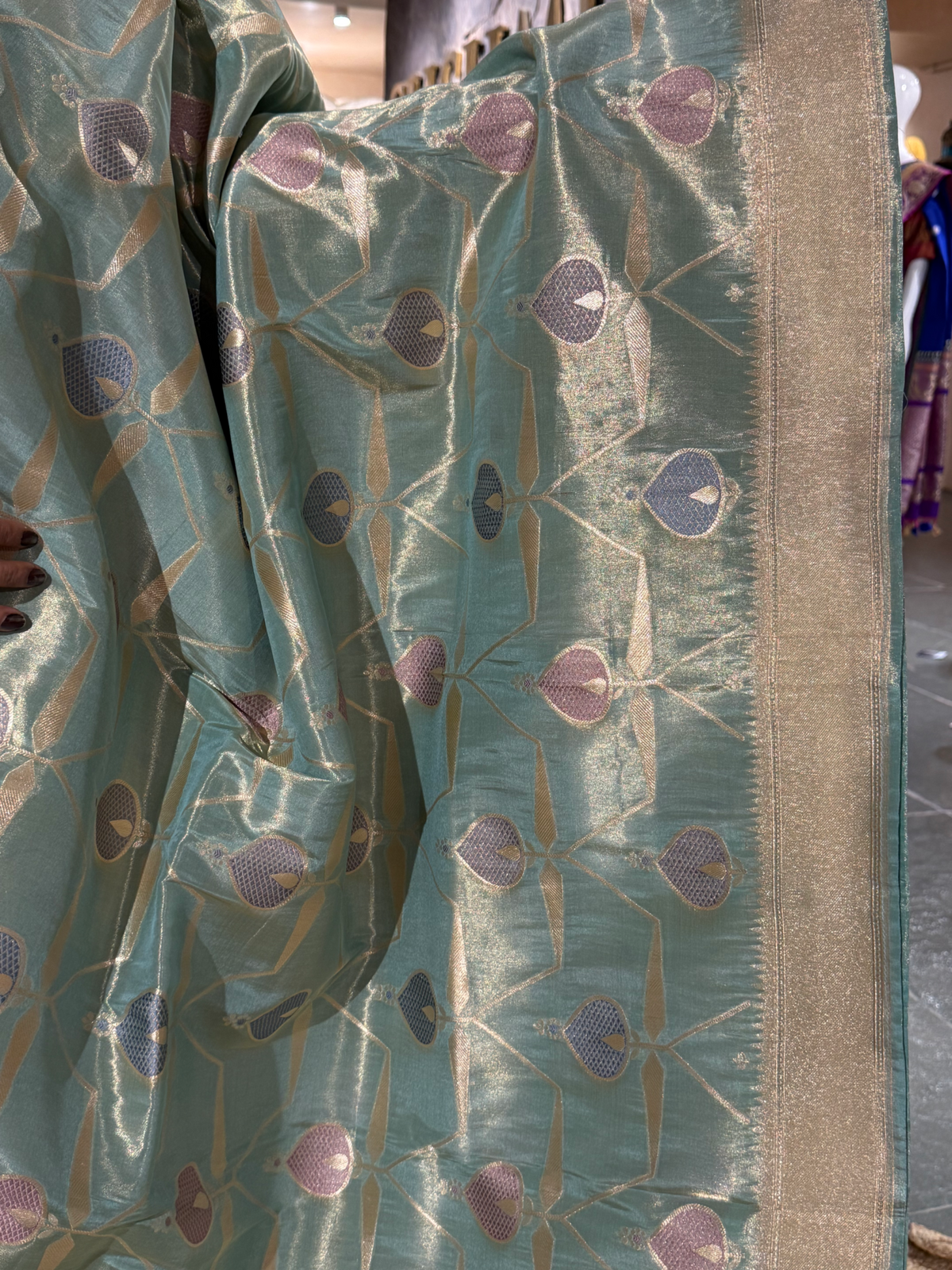 SBETM162 Teal Designer Banarasi Ektara Tissue Saree with allover meenkari jaal