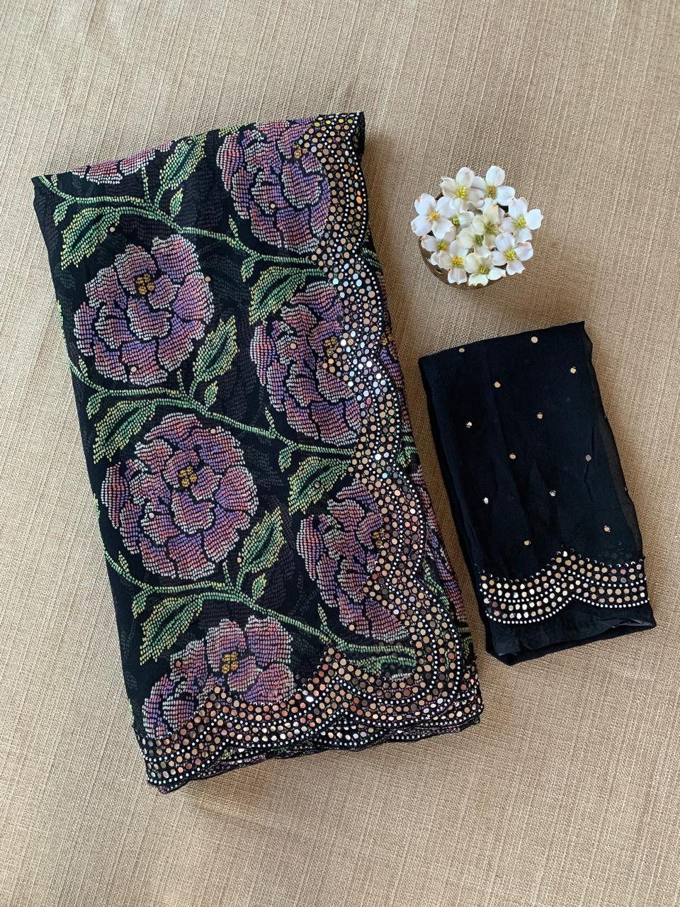 Black Gorgette prints with handwork mirrorwork borders