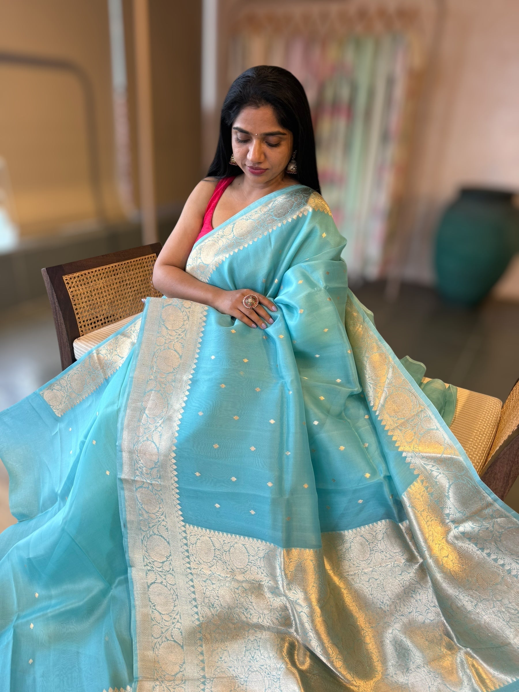 Pastel Blue Pure Handloom Kora Banarasi Saree With Kaduwa Woven Motifs