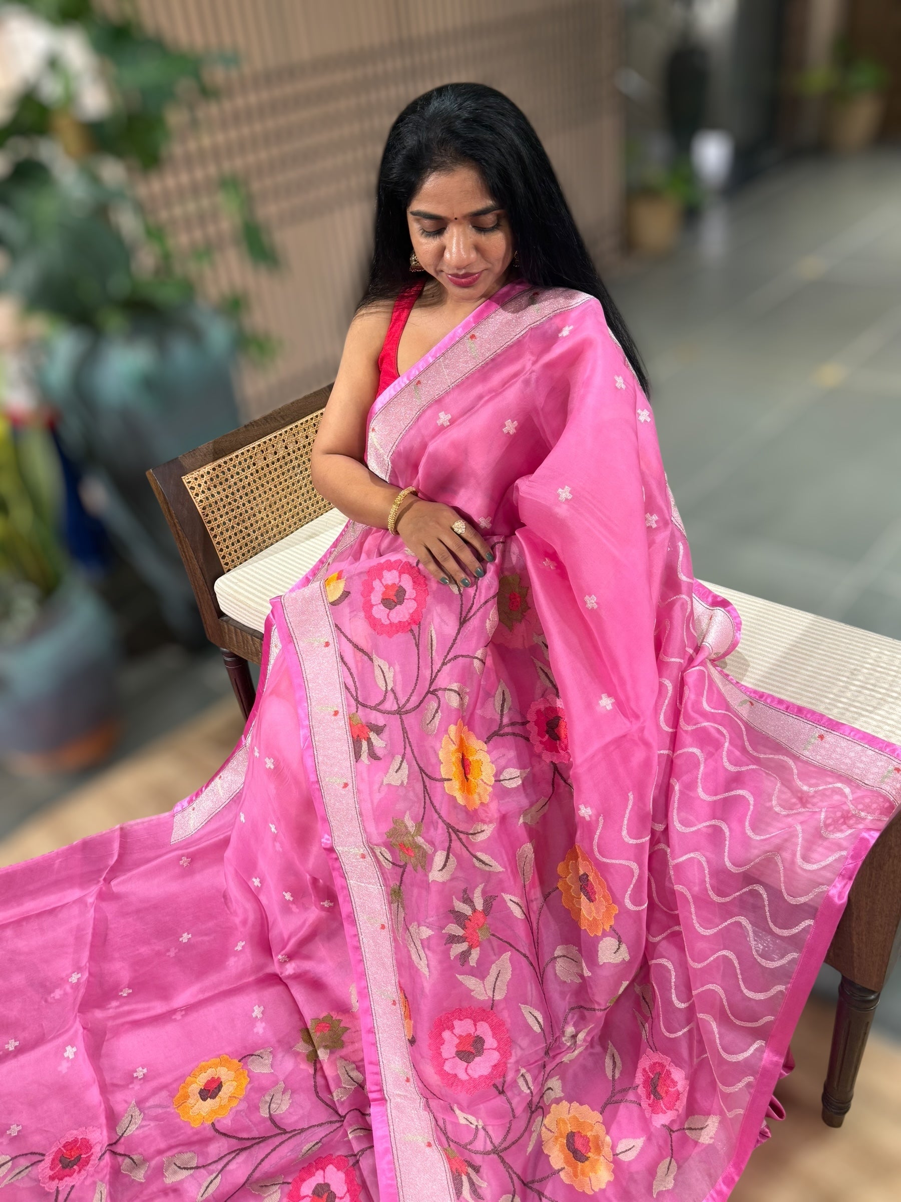 Light Rose Pink Organza Silk Saree With Jamdani Inspired Embroidery