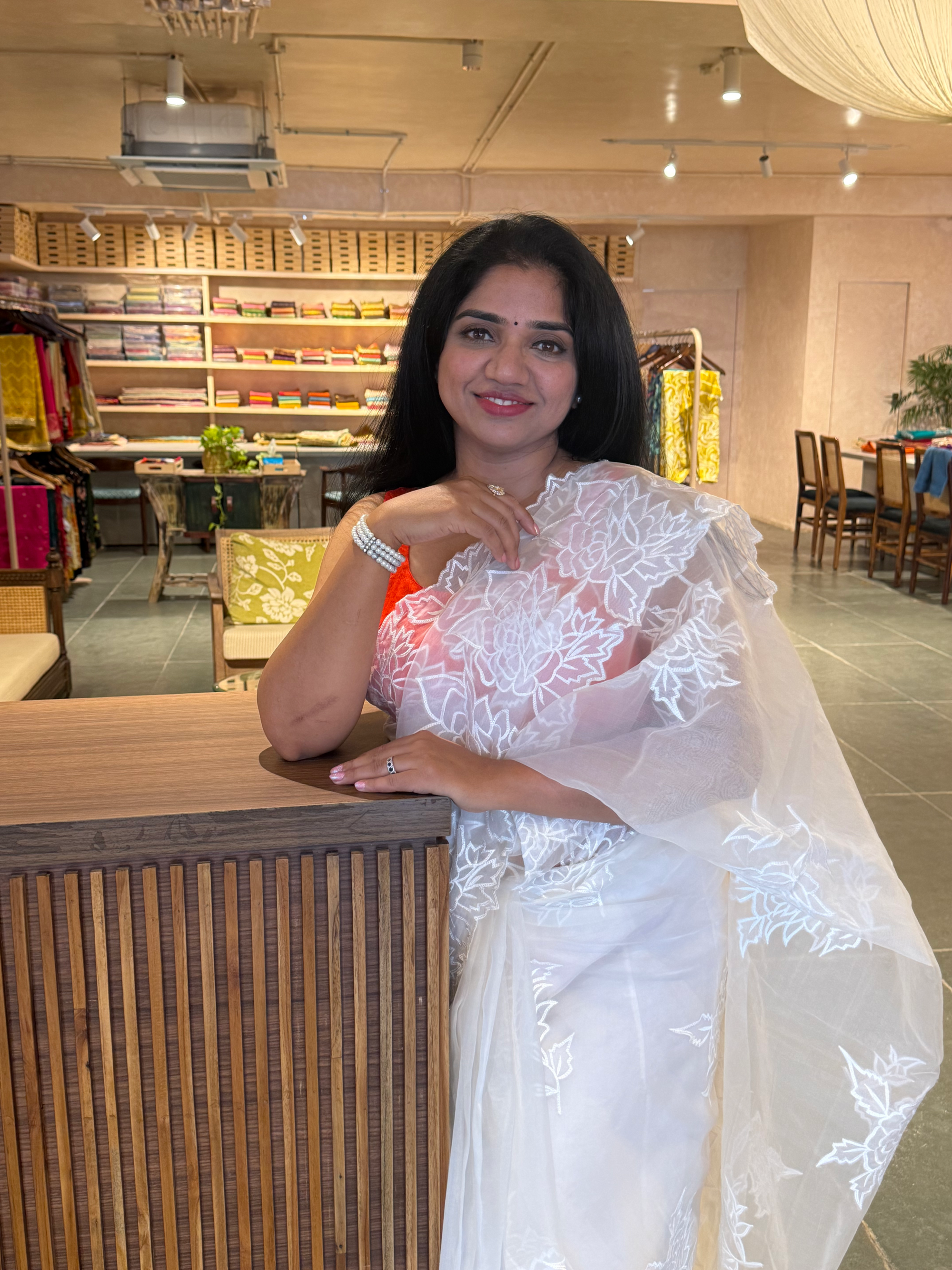 OROSEV1901 : White Organza Saree with Embroidered Rose Border
