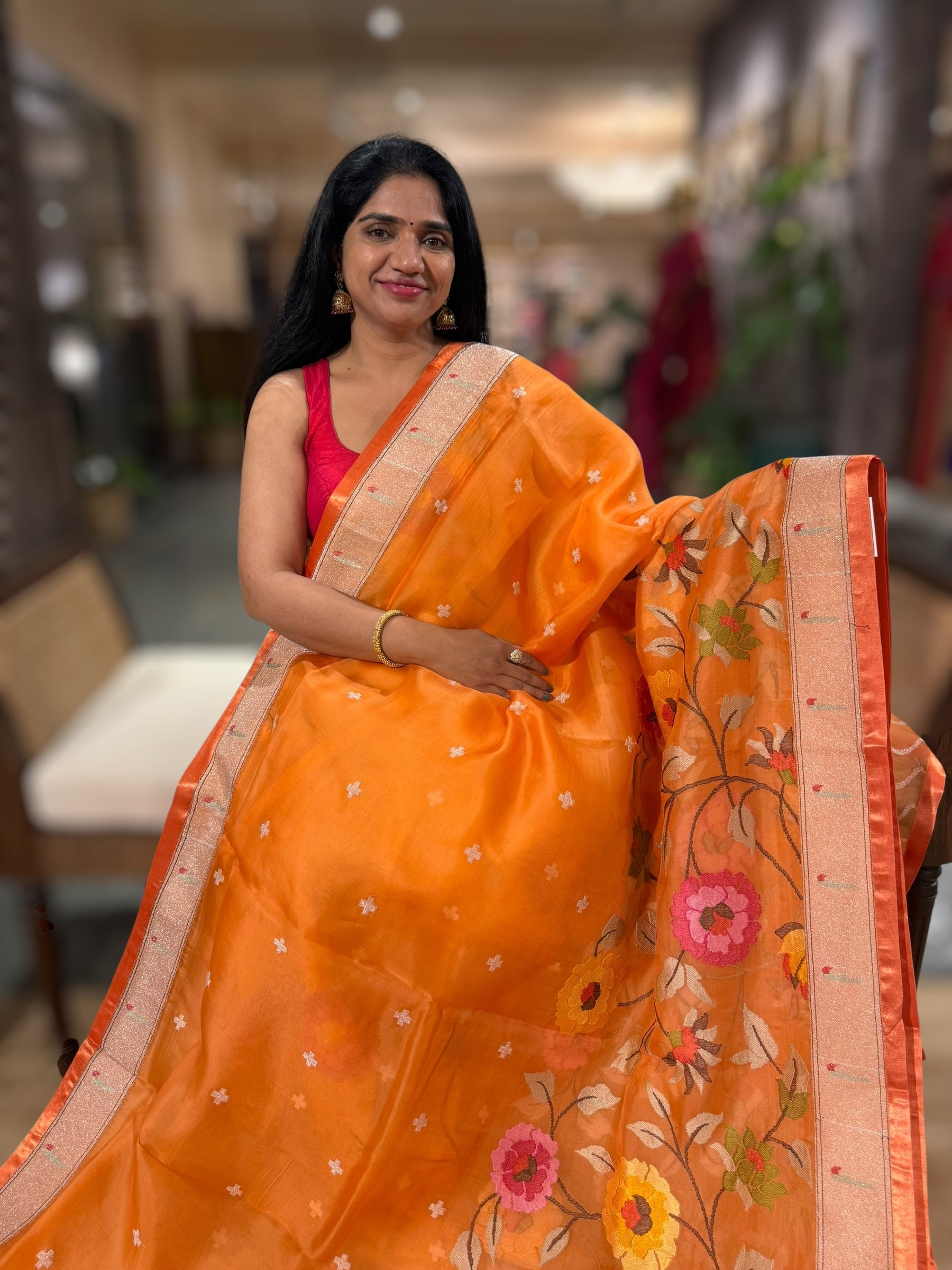 Orange Organza Silk Saree With Jamdani Inspired Embroidery