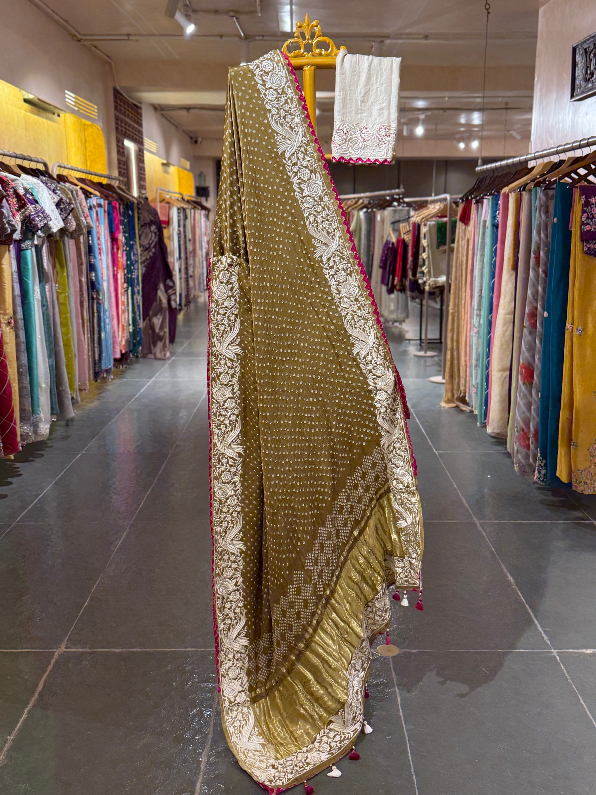 Neon Pink Pure Gajji Silk Kutch Bandhej Saree with Parsi Gara Embroidery