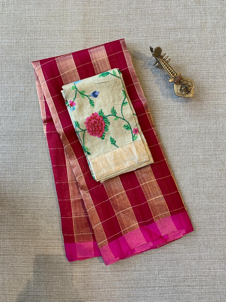 Pink Pure Handloom Banarasi Kora Tissue Checks Saree