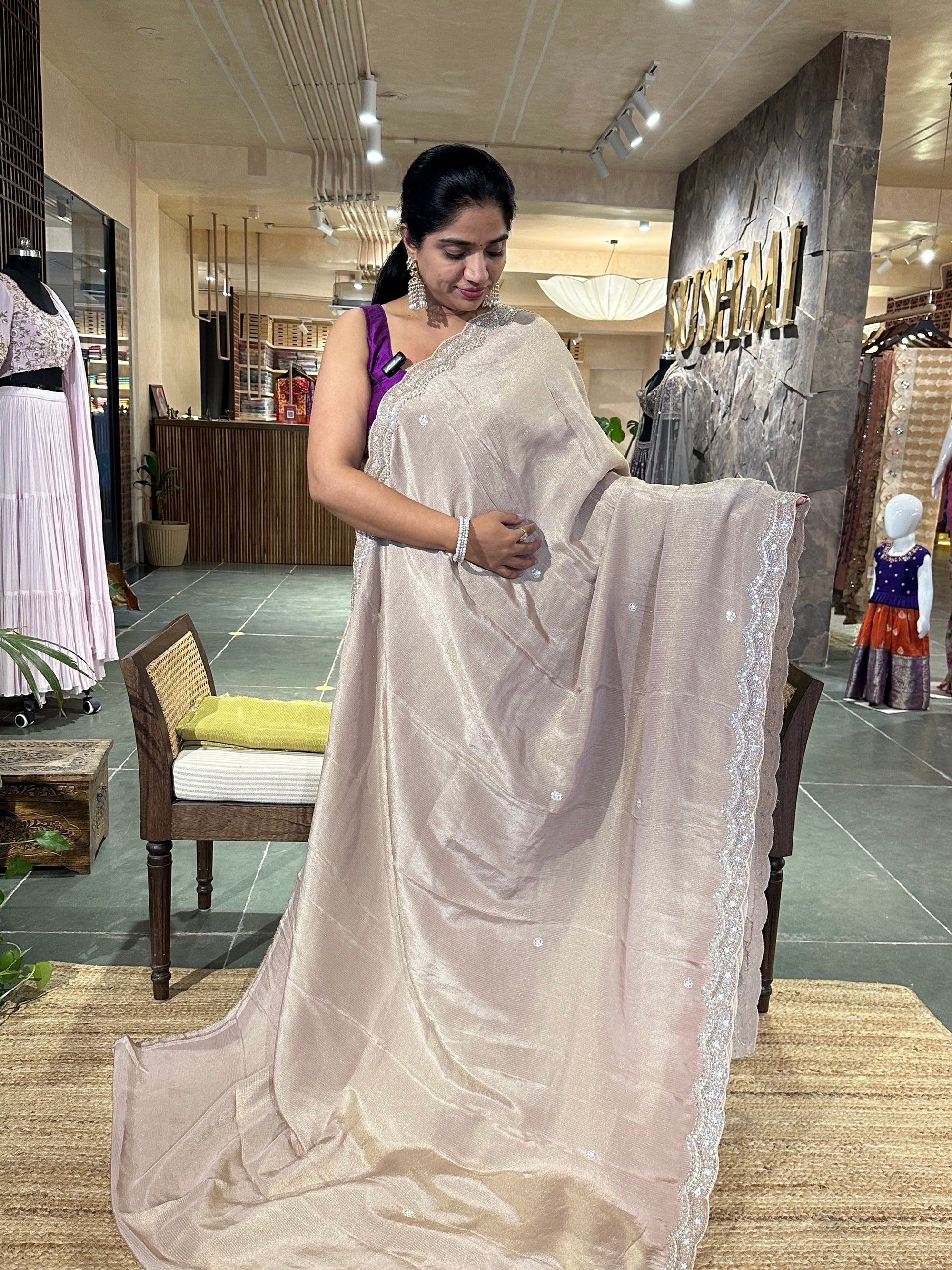 Beige Tissue Gorgette Saree with heavy scalloped handworked border and blouse