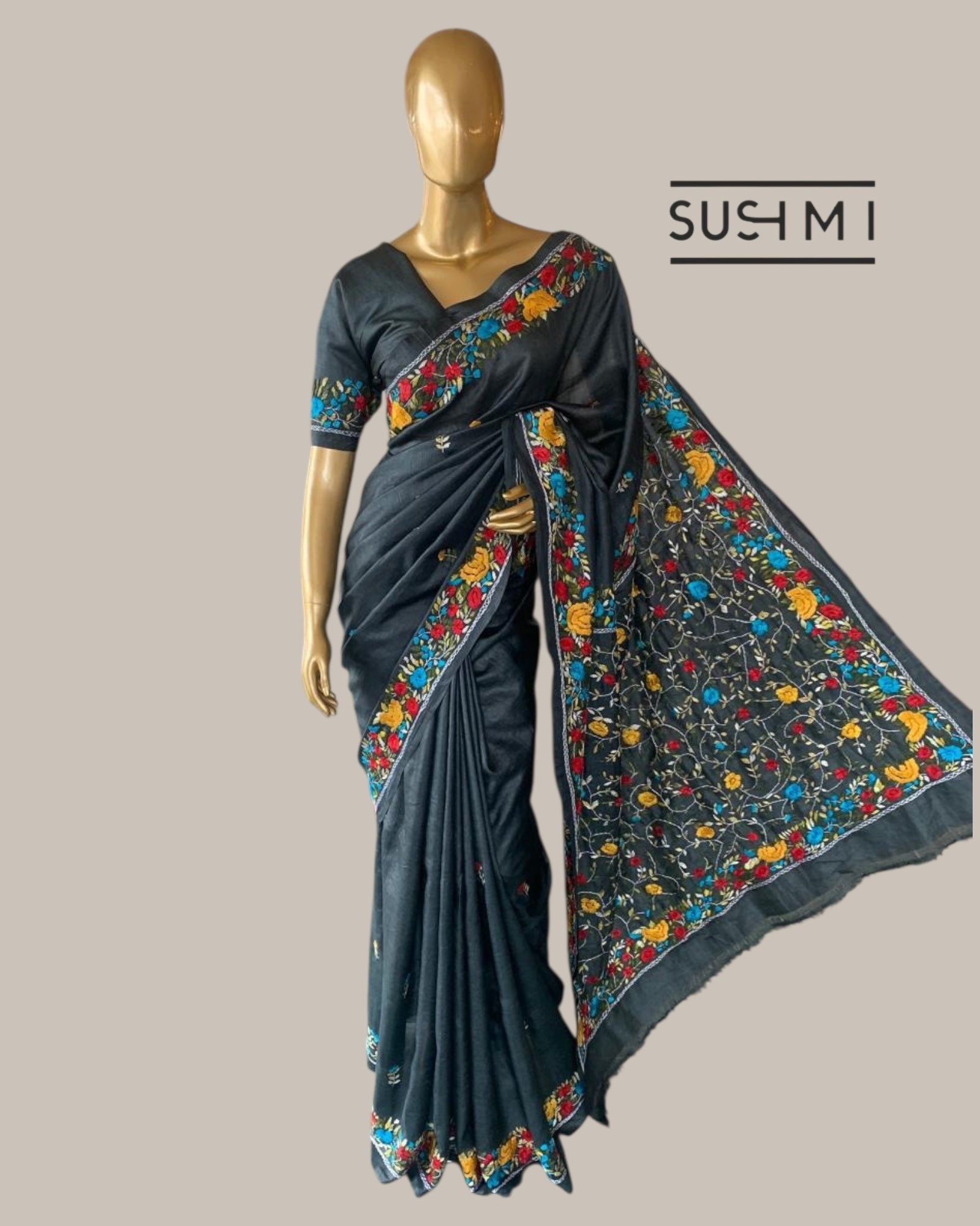 Elephant Grey Pure Tussar Saree with Parsi Gara  handwork