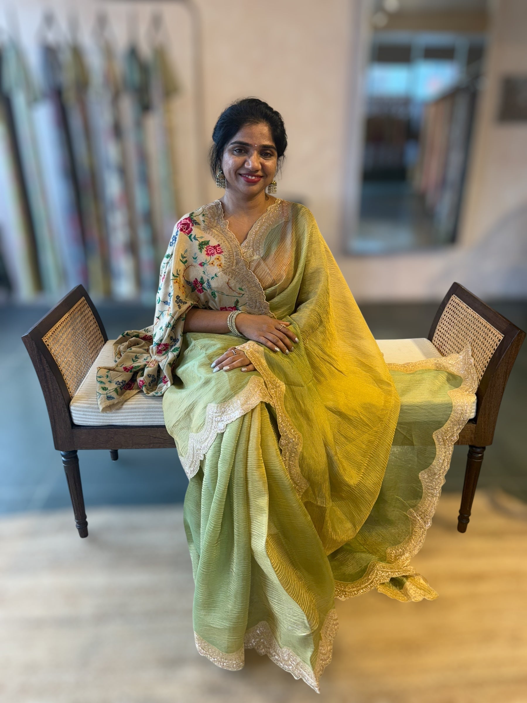 Ombre Dyed Crush Tissue Saree With Pitawork Border & Petite Point Embroidered BP
