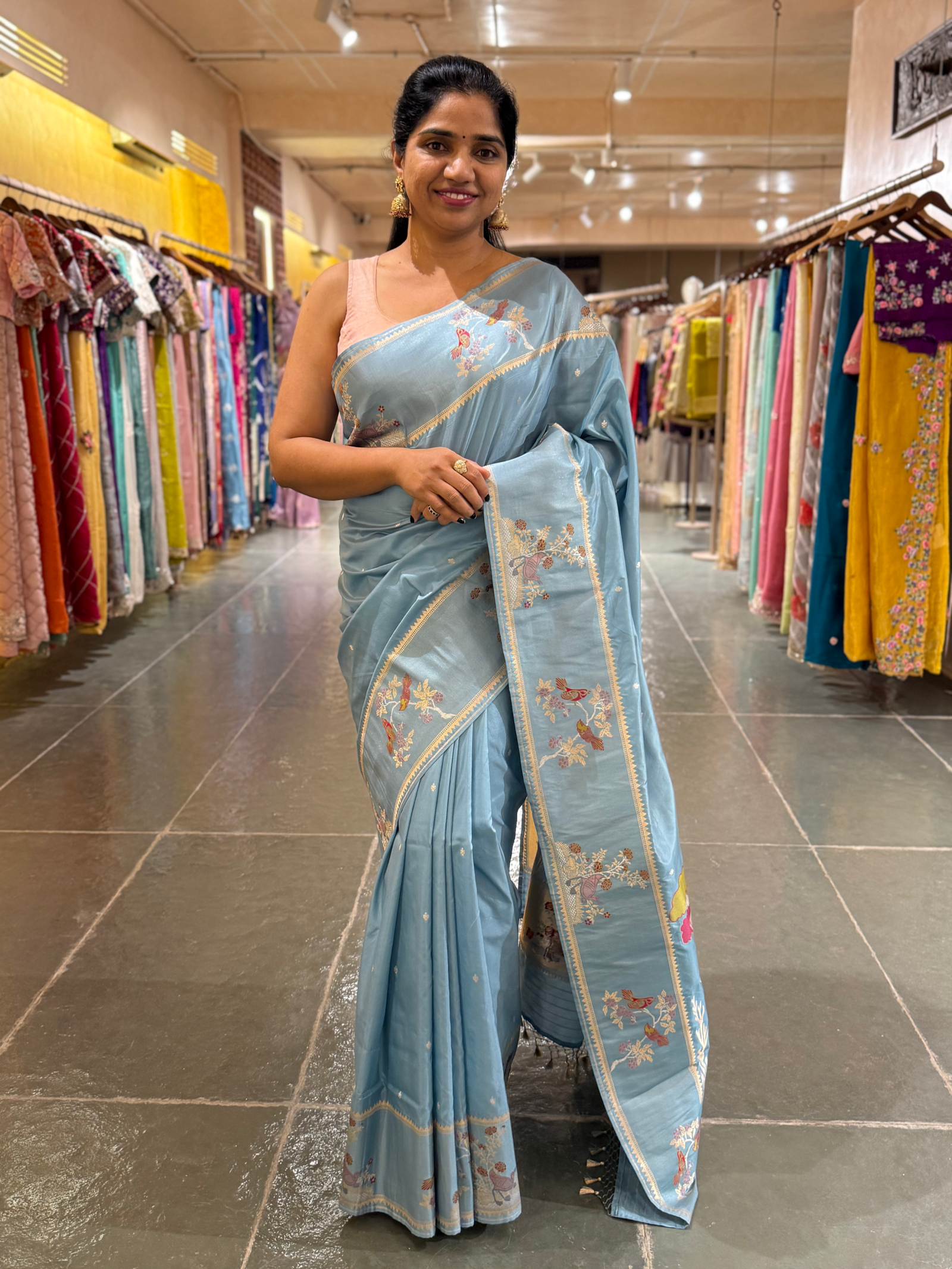 Dusty Blue Designer Banarasi Silk Saree