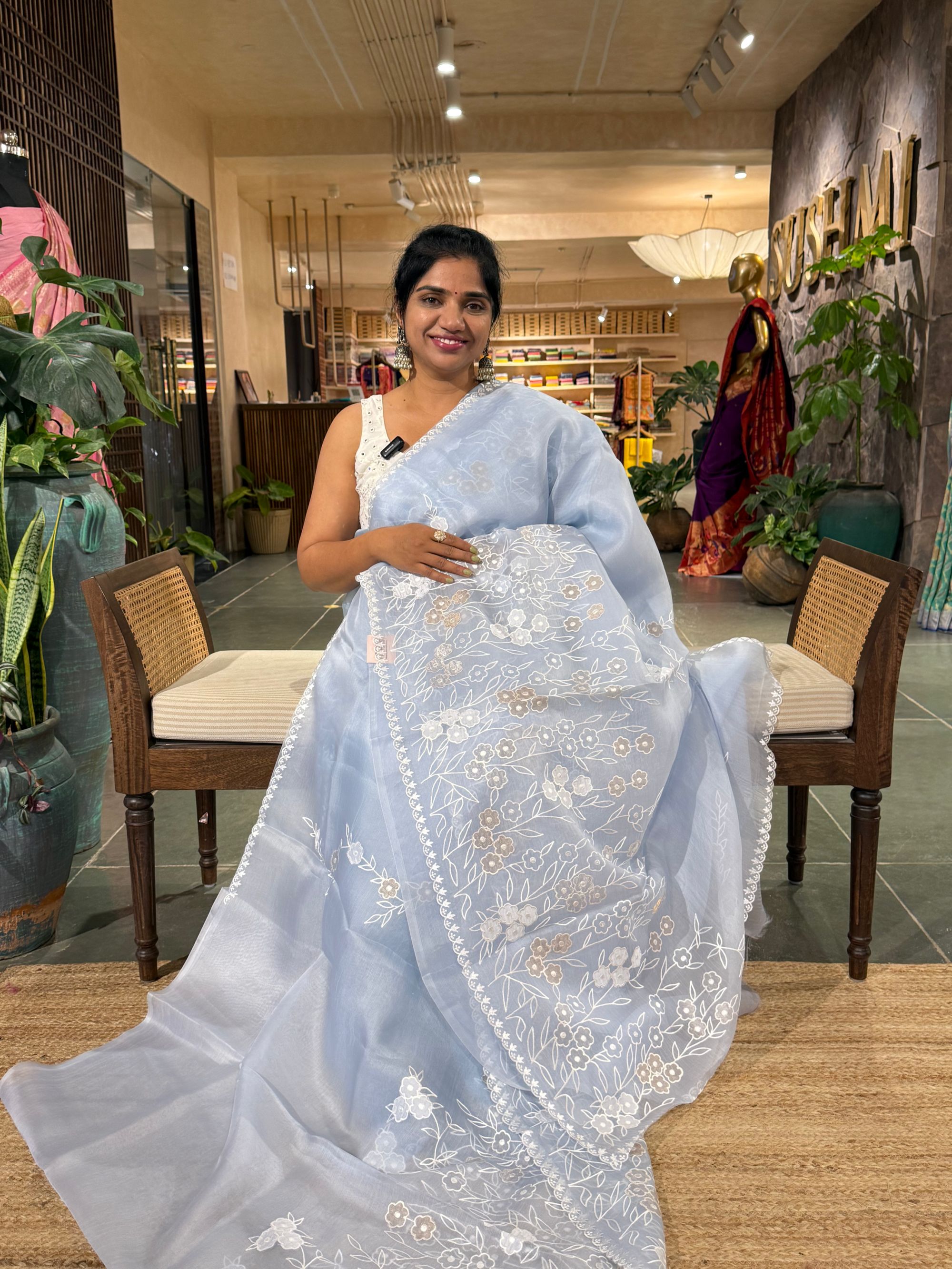 Pastel Blue Organza Applique work Saree