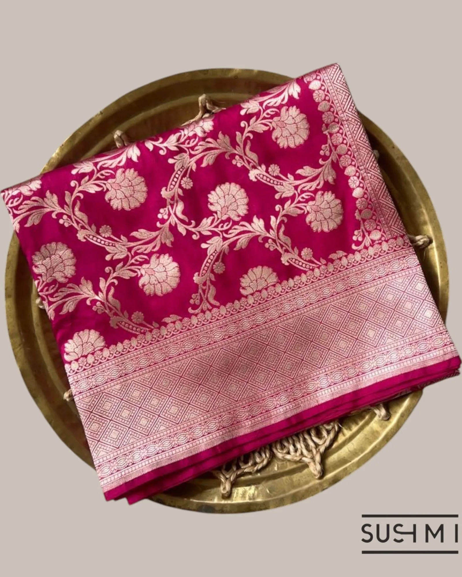 Dark Pink Banarasi Katan Silk Saree with Allover Floral Jaal Weaving