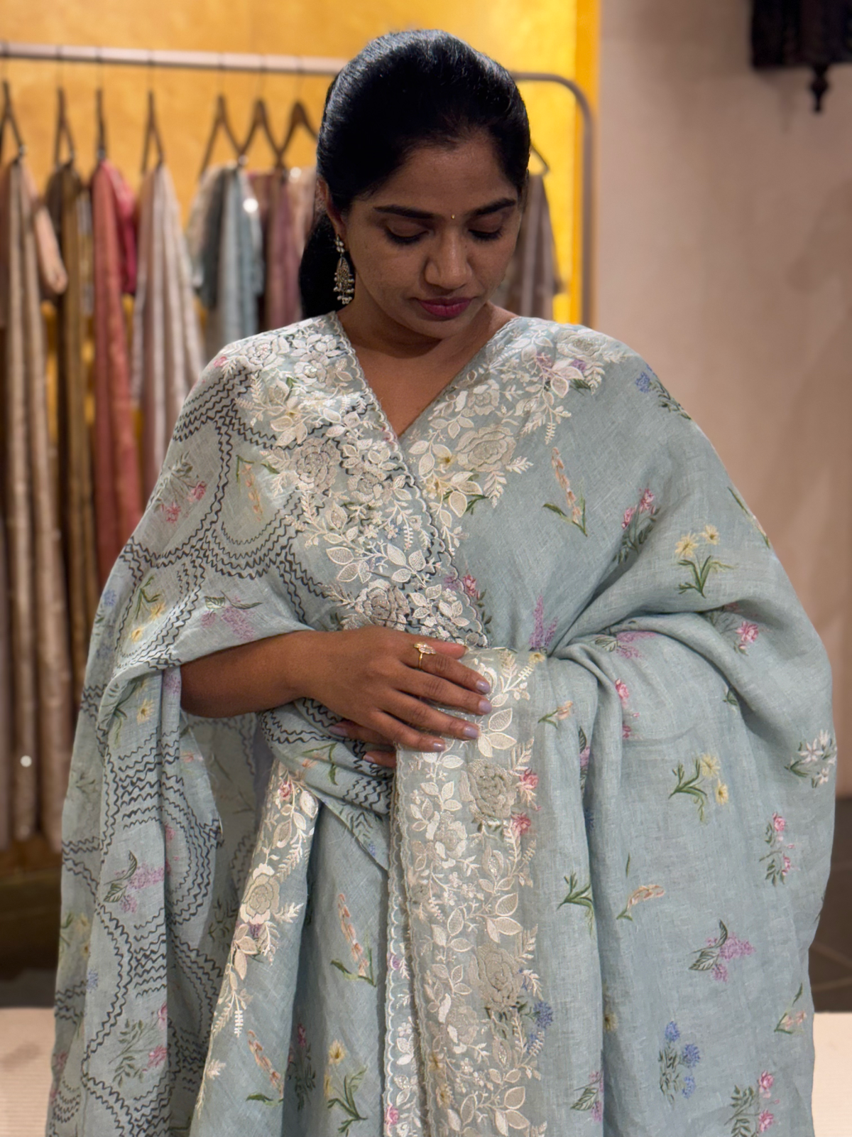 Powder Blue Pure Handloom Lenin Print Saree With  Parsi Gara Style Embroidery